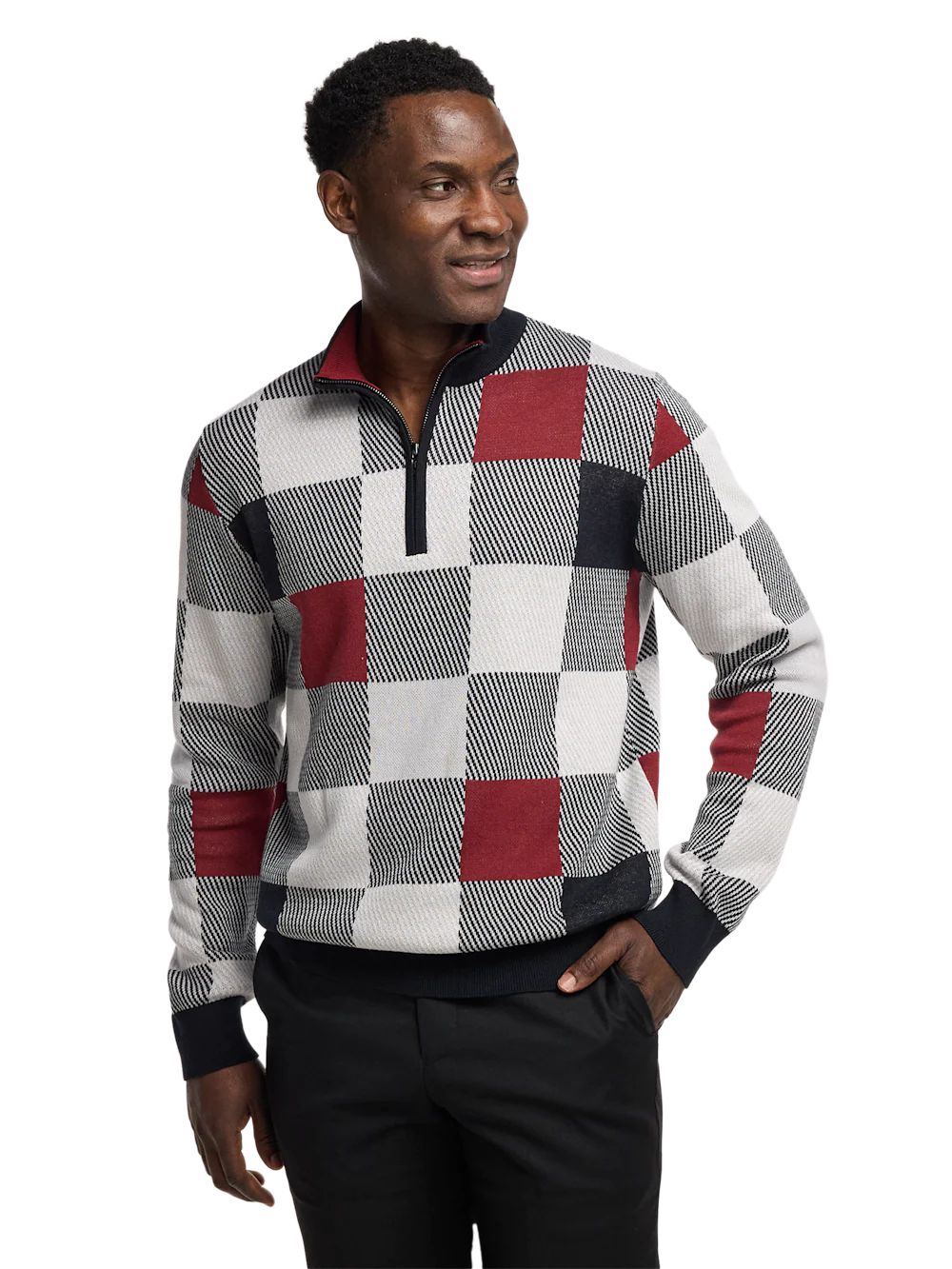 Cotton Quarter Zip Mock Neck Sweater - Burgundy Multi - Image 2