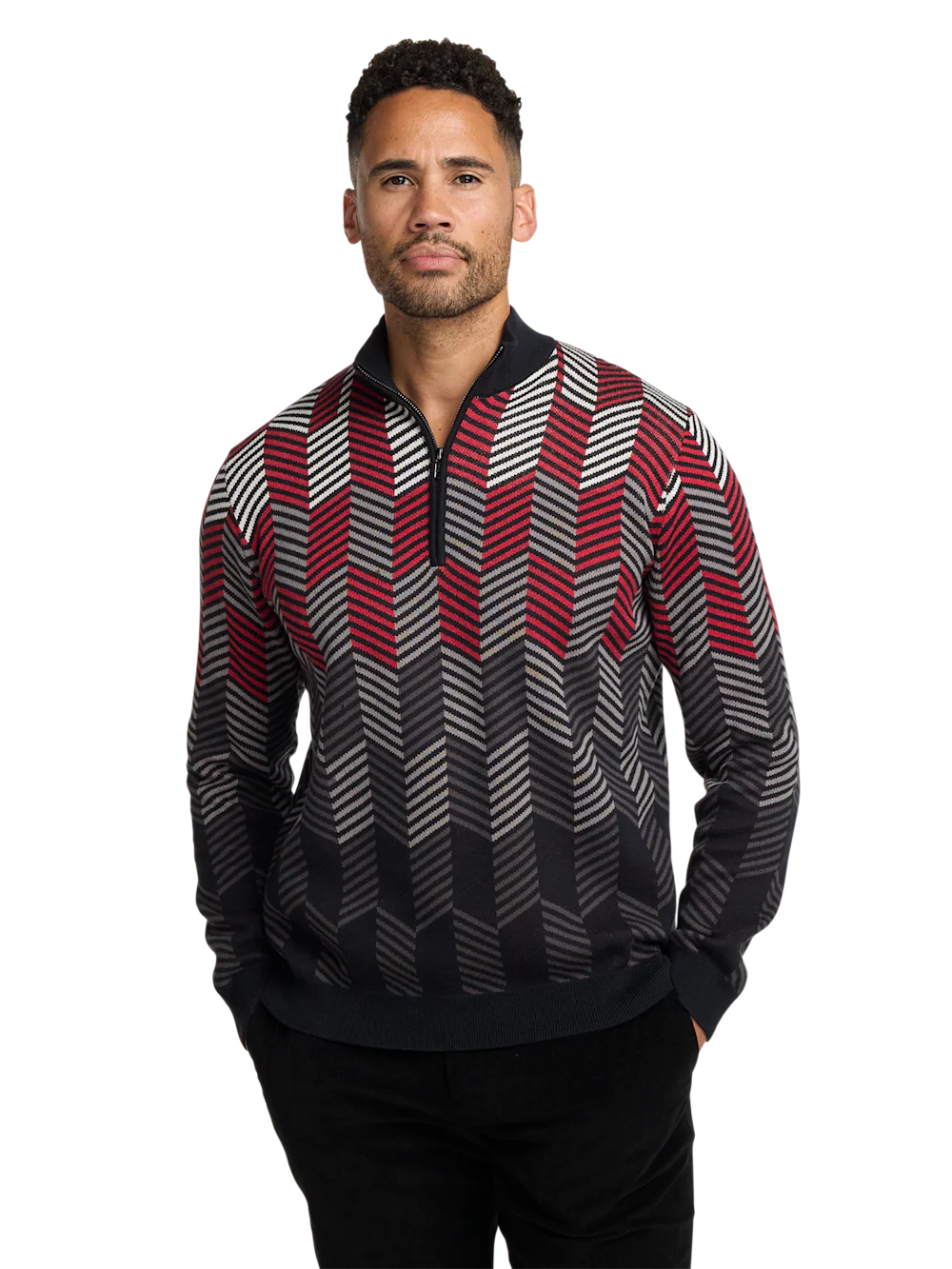 Cotton Quarter Zip Mock Neck Sweater - Black/red - Image 2