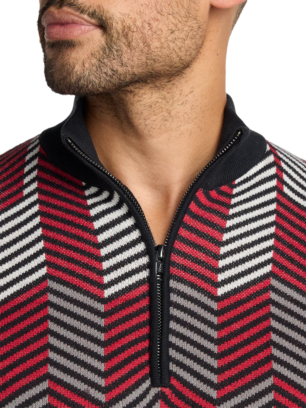 Cotton Quarter Zip Mock Neck Sweater - Black/red - Image 3