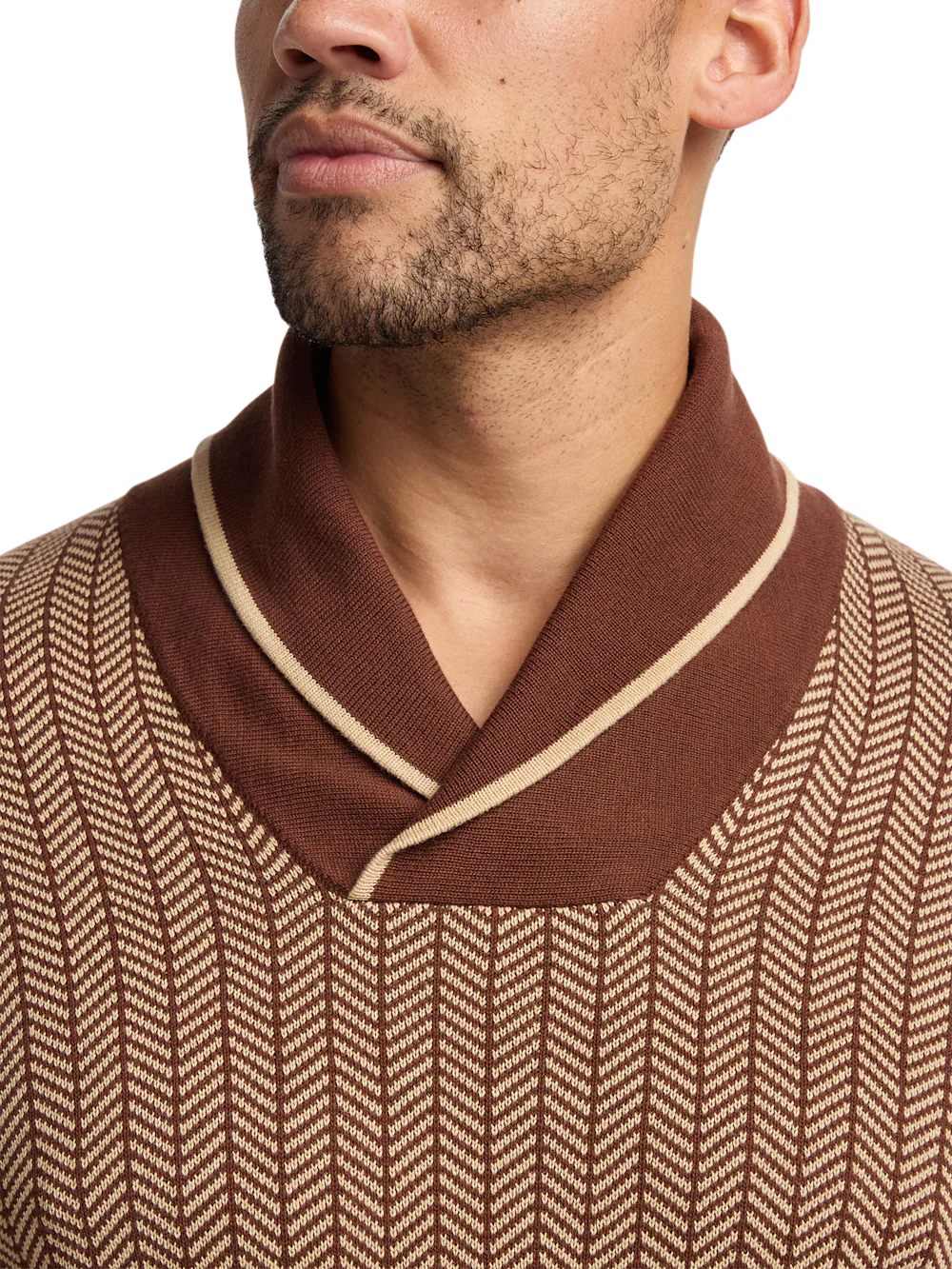 Cotton Shawl Collar Pull Over Sweater - Ivory/brown - Image 3