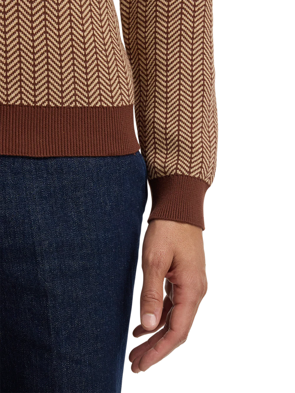 Cotton Shawl Collar Pull Over Sweater - Ivory/brown - Image 4
