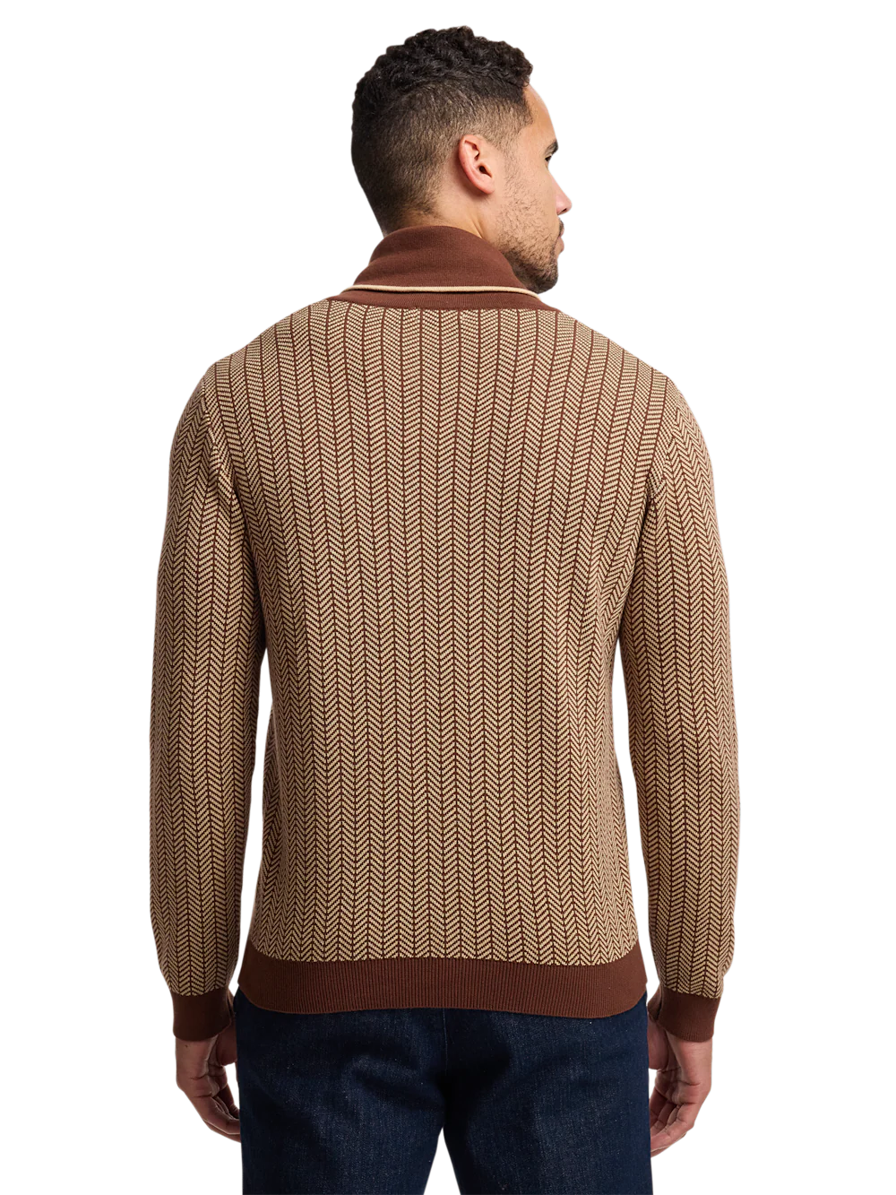 Cotton Shawl Collar Pull Over Sweater - Ivory/brown - Image 5