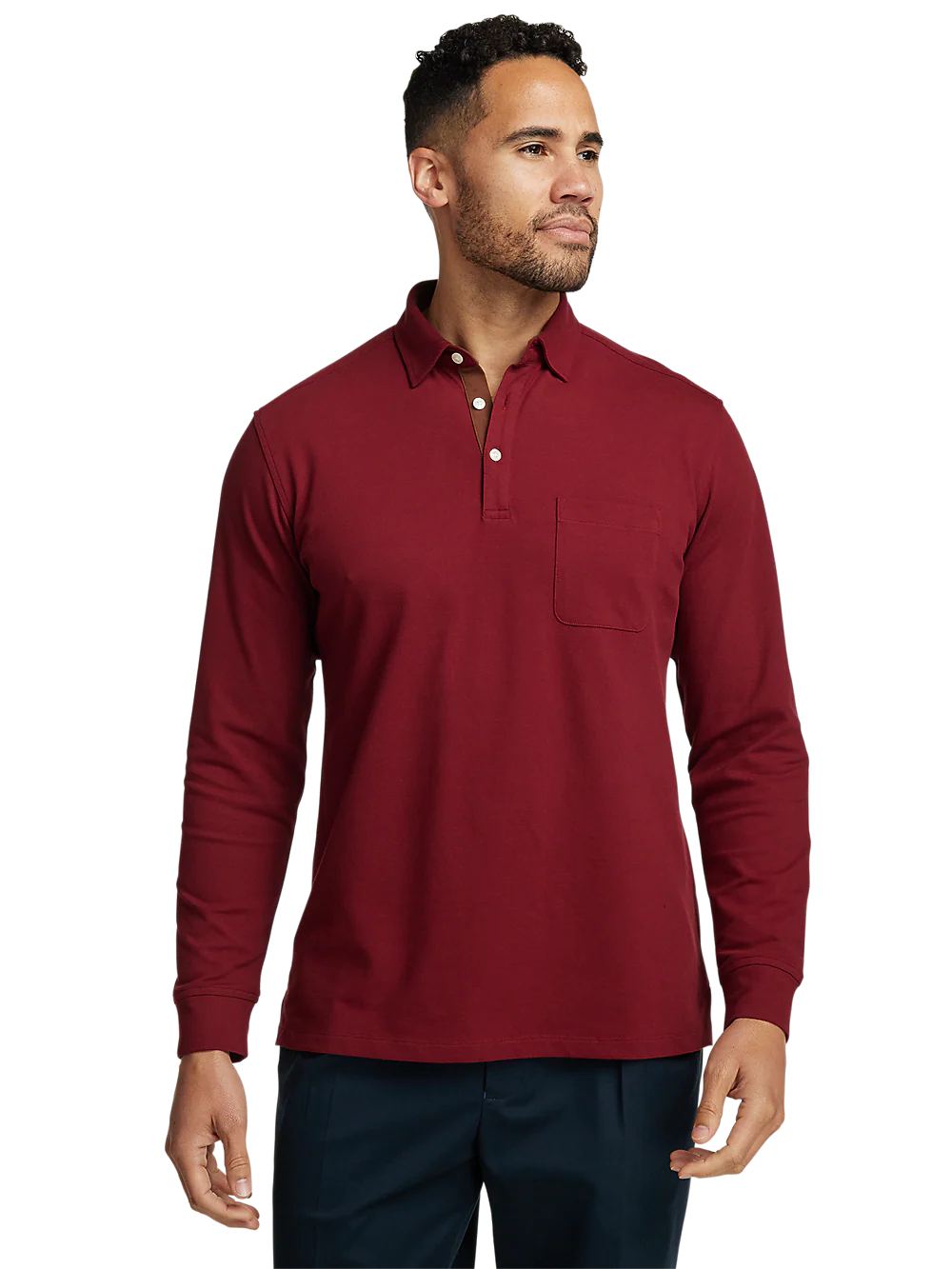 Cotton/Spandex Pique Three Button Polo - Burgundy - Image 2