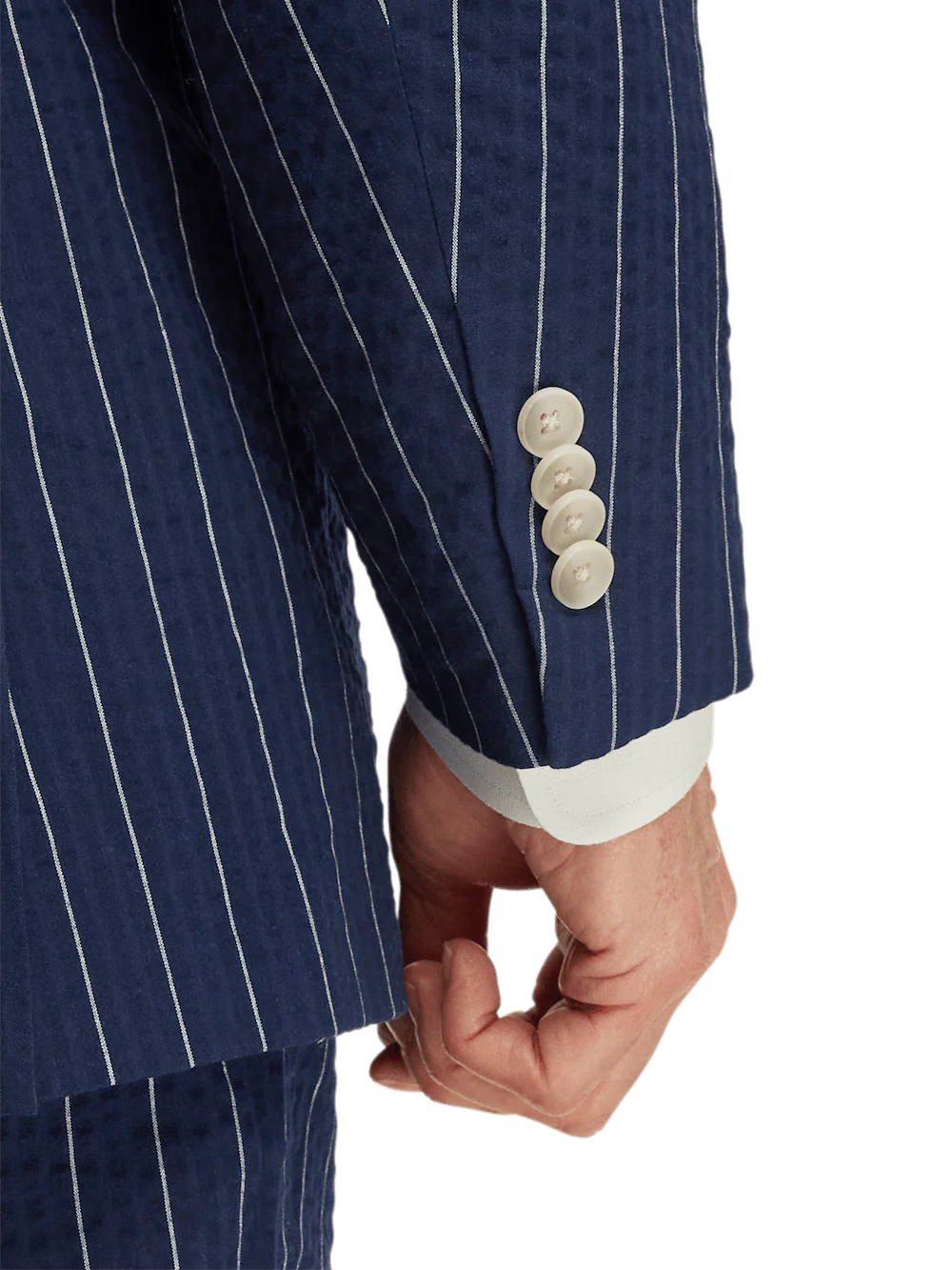 Cotton Stretch Pinstripe Seersucker Double Breasted Peak Lapel Suit Jacket - Navy - Image 3