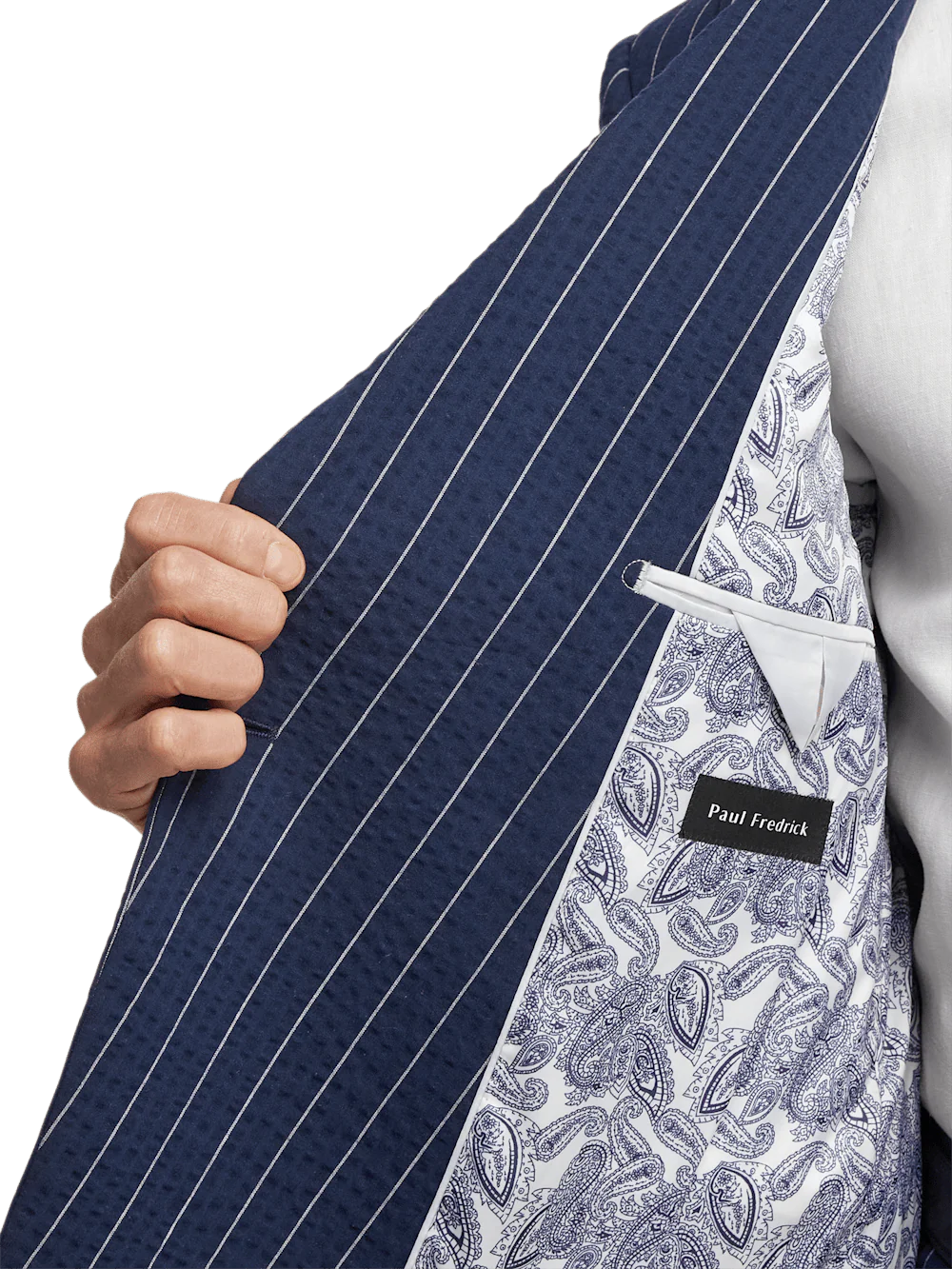 Cotton Stretch Pinstripe Seersucker Double Breasted Peak Lapel Suit Jacket - Navy - Image 4