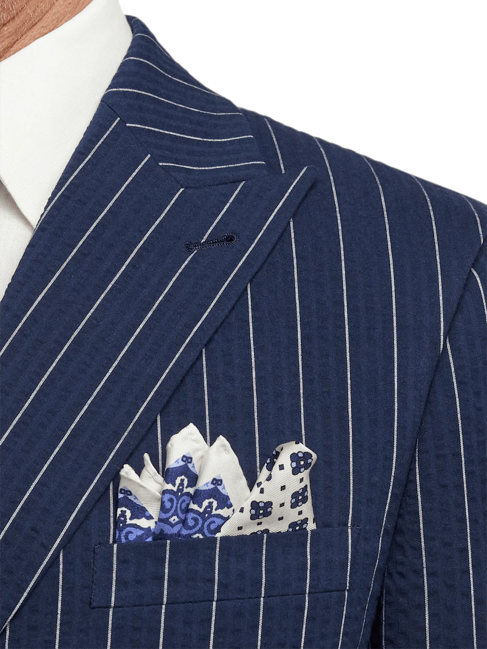 Cotton Stretch Pinstripe Seersucker Double Breasted Peak Lapel Suit Jacket - Navy - Image 6