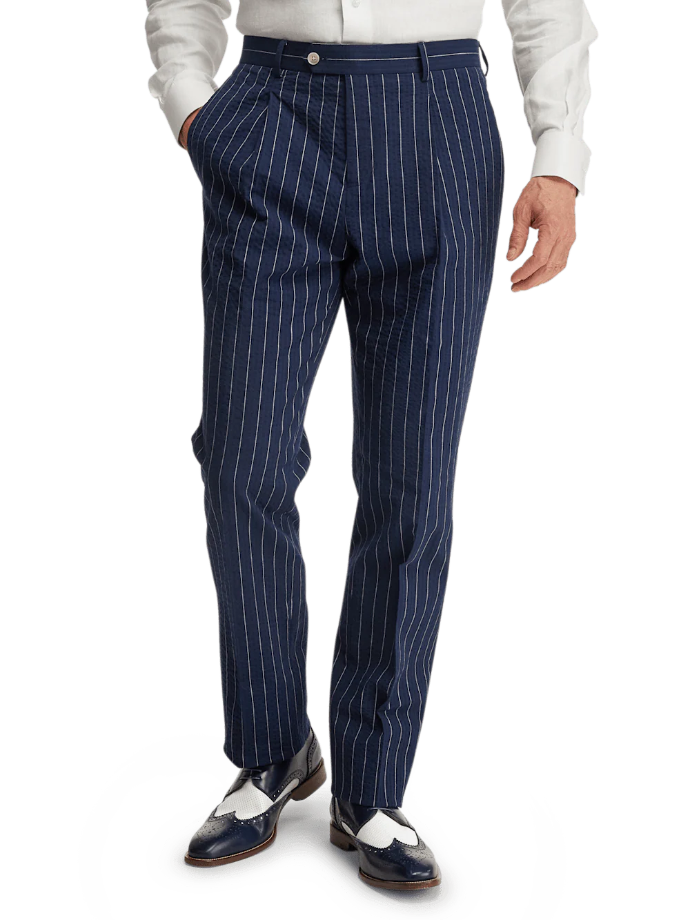 Cotton Stretch Pinstripe Seersucker Single Pleat Suit Pants - Navy - Image 2