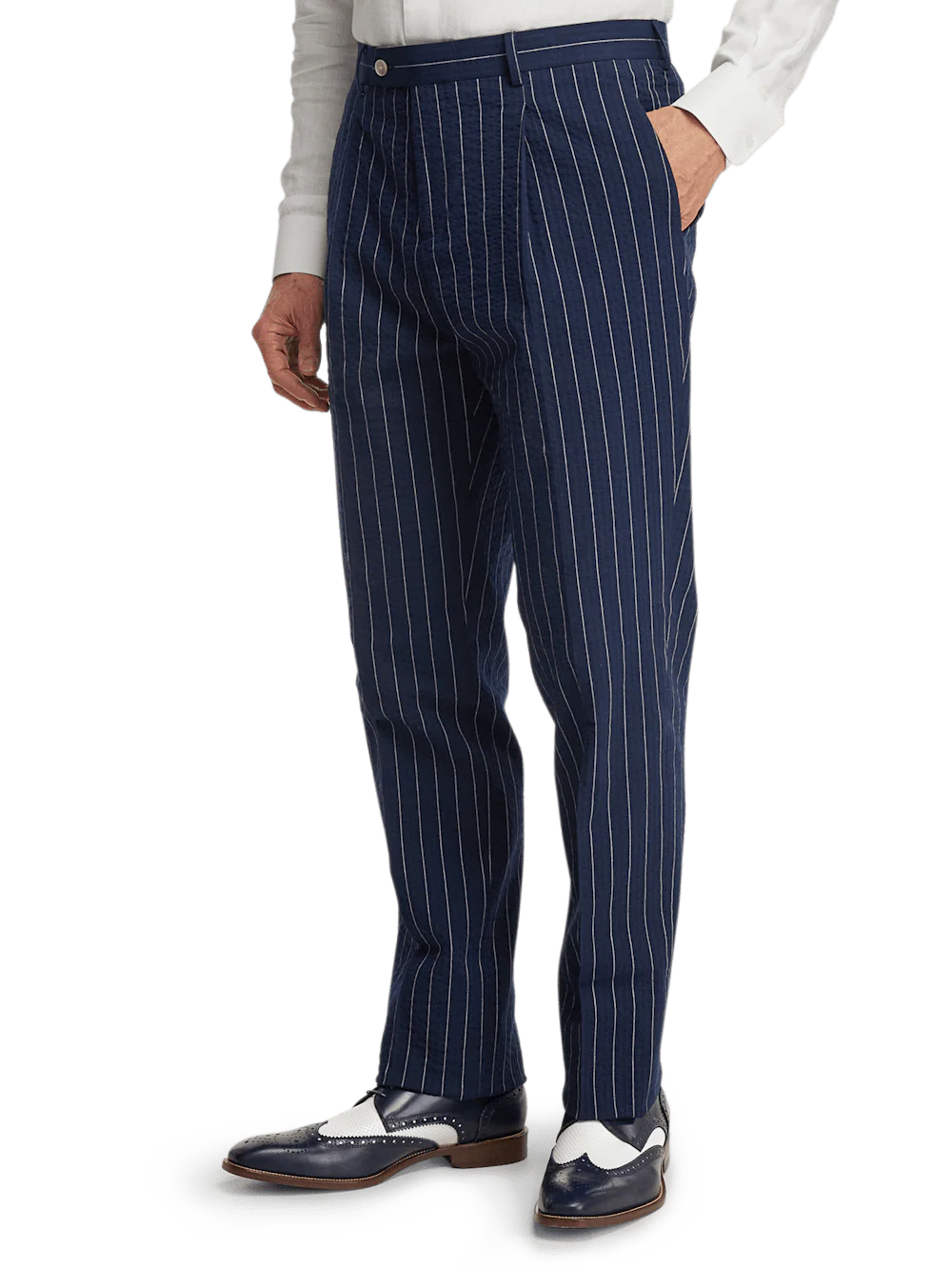 Cotton Stretch Pinstripe Seersucker Single Pleat Suit Pants - Navy - Image 4