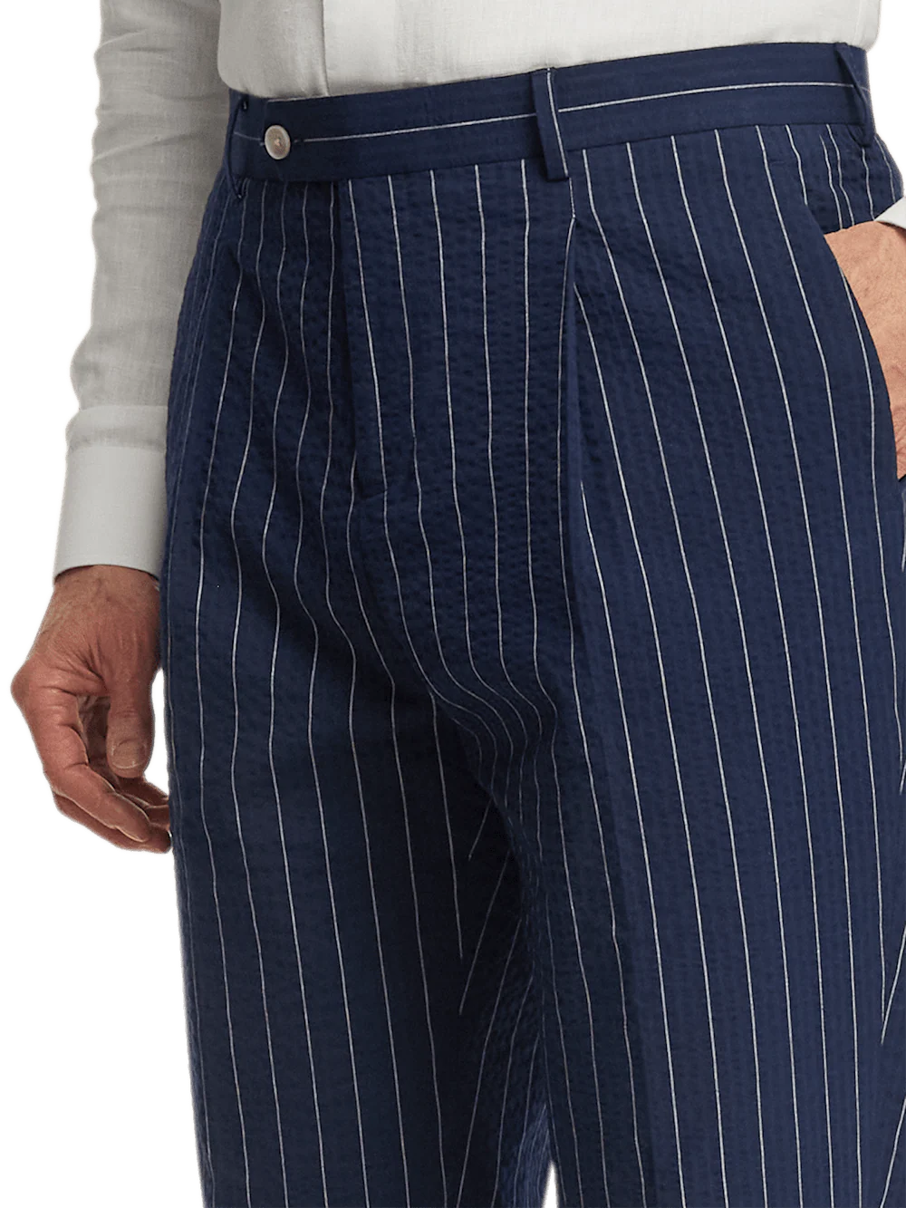 Cotton Stretch Pinstripe Seersucker Single Pleat Suit Pants - Navy - Image 5
