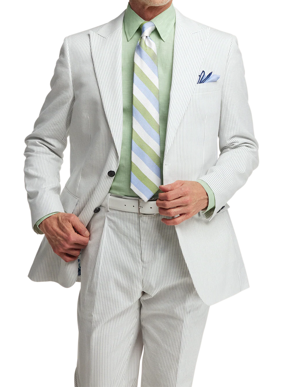Cotton Stretch Stripe Seersucker Single Breasted Peak Lapel Suit Jacket - White/blue - Image 2