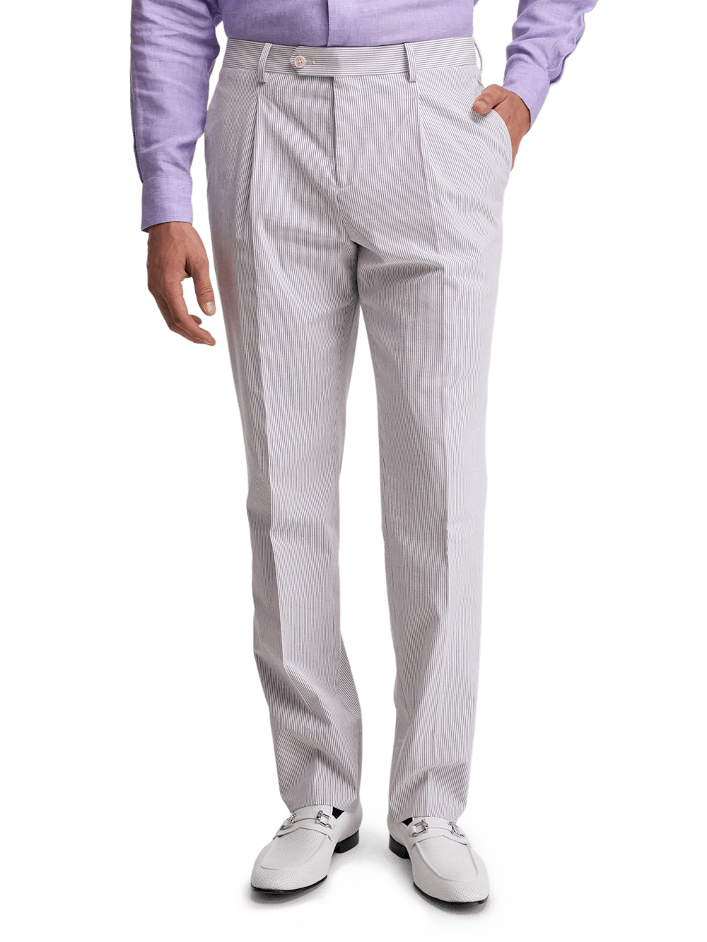 Cotton Stretch Stripe Seersucker Single Pleat Suit Pants - Purple/white - Image 2