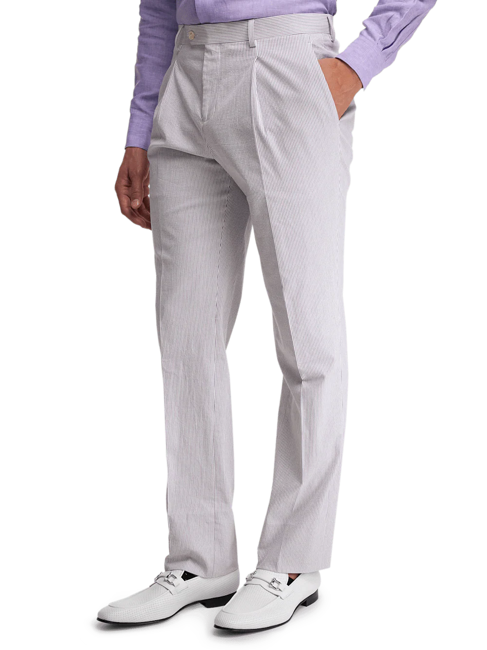 Cotton Stretch Stripe Seersucker Single Pleat Suit Pants - Purple/white - Image 4