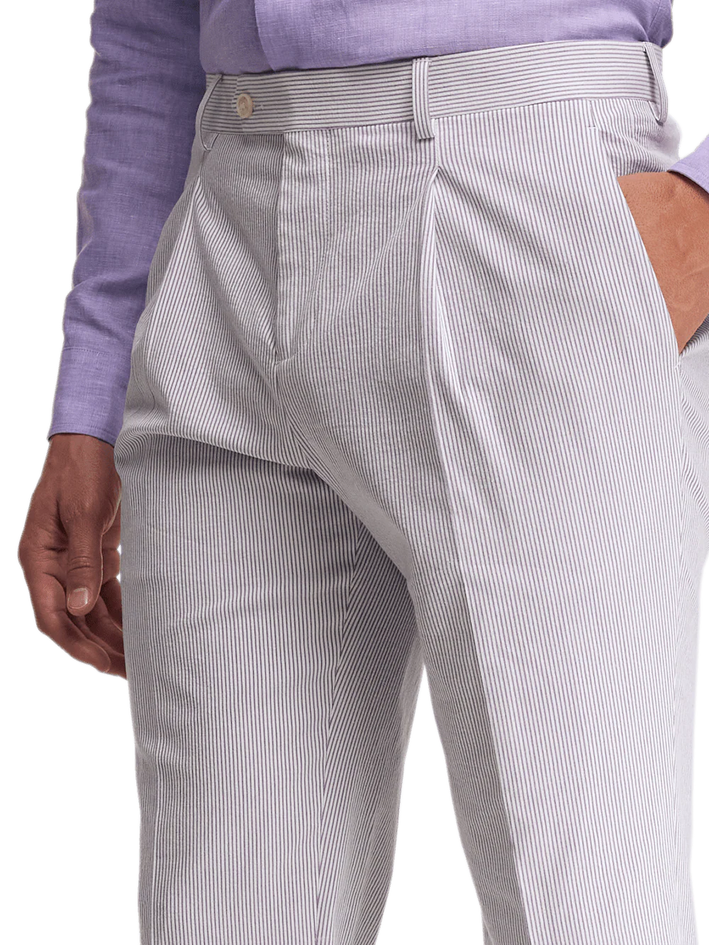 Cotton Stretch Stripe Seersucker Single Pleat Suit Pants - Purple/white - Image 5