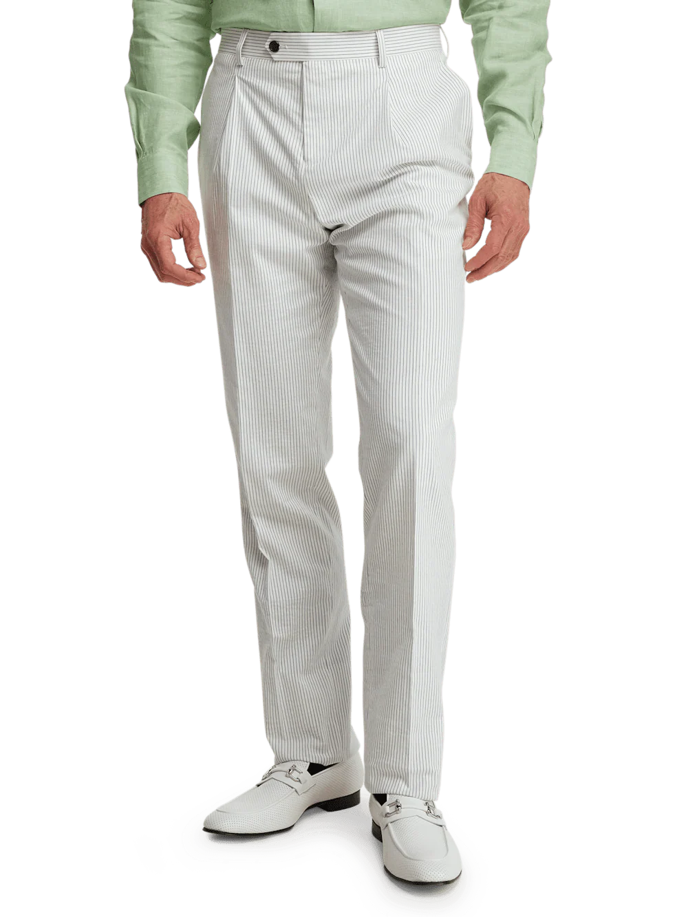 Cotton Stretch Stripe Seersucker Single Pleat Suit Pants - White/blue - Image 2