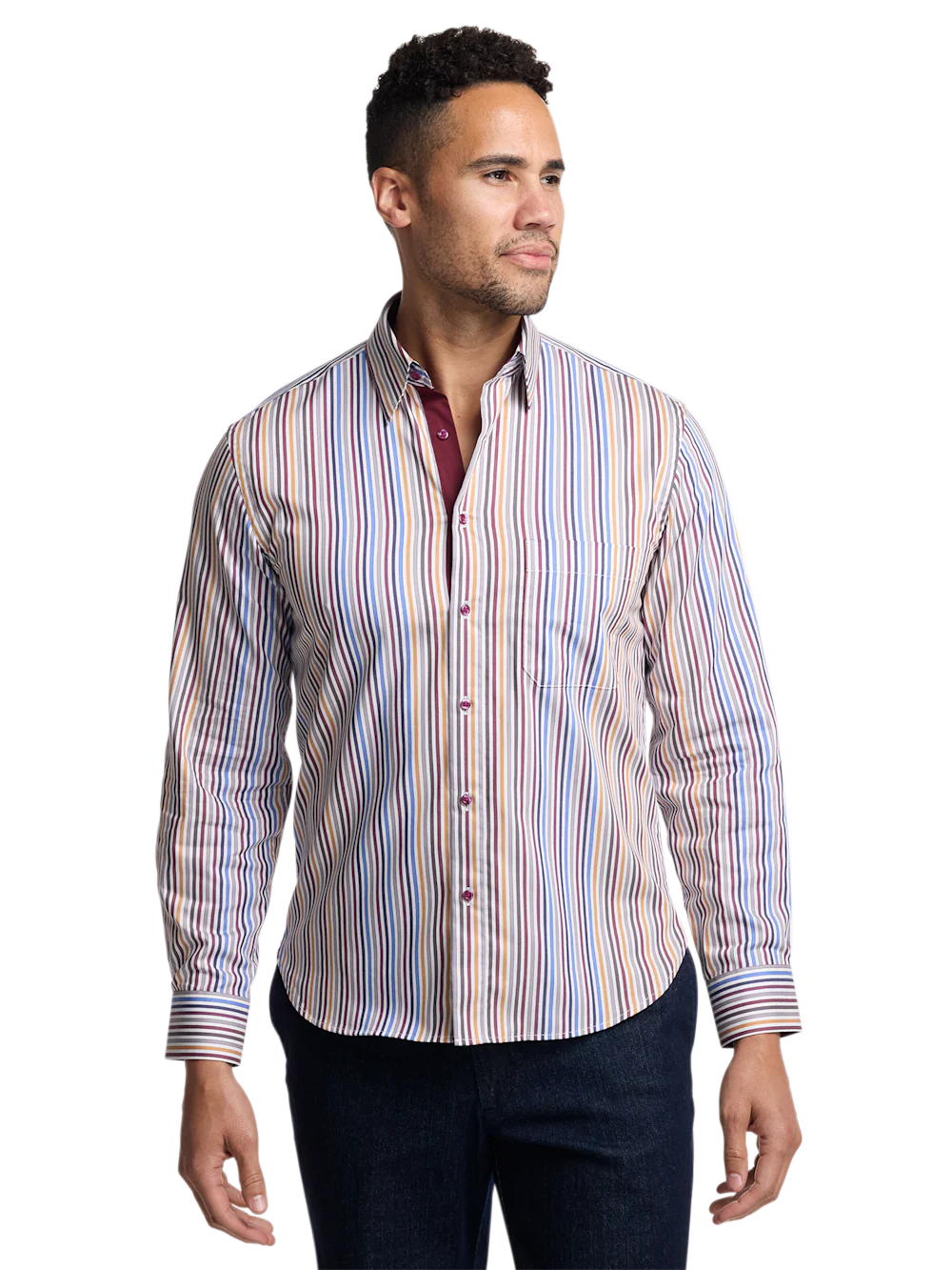 Cotton Stripe Point Collar Casual Shirt - Multi - Image 2