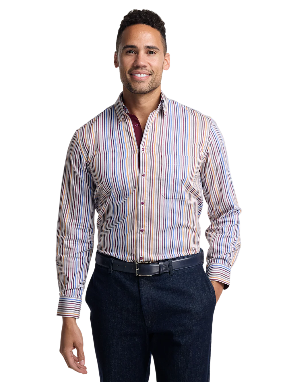 Cotton Stripe Point Collar Casual Shirt - Multi - Image 3