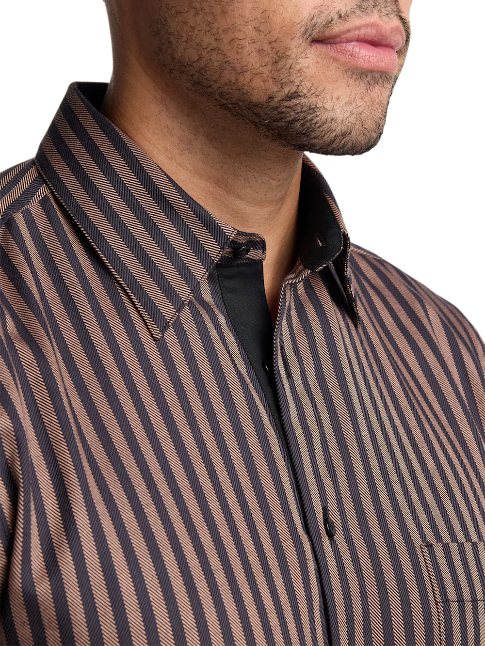 Cotton Stripe Point Collar Casual Shirt - Brown/black - Image 4