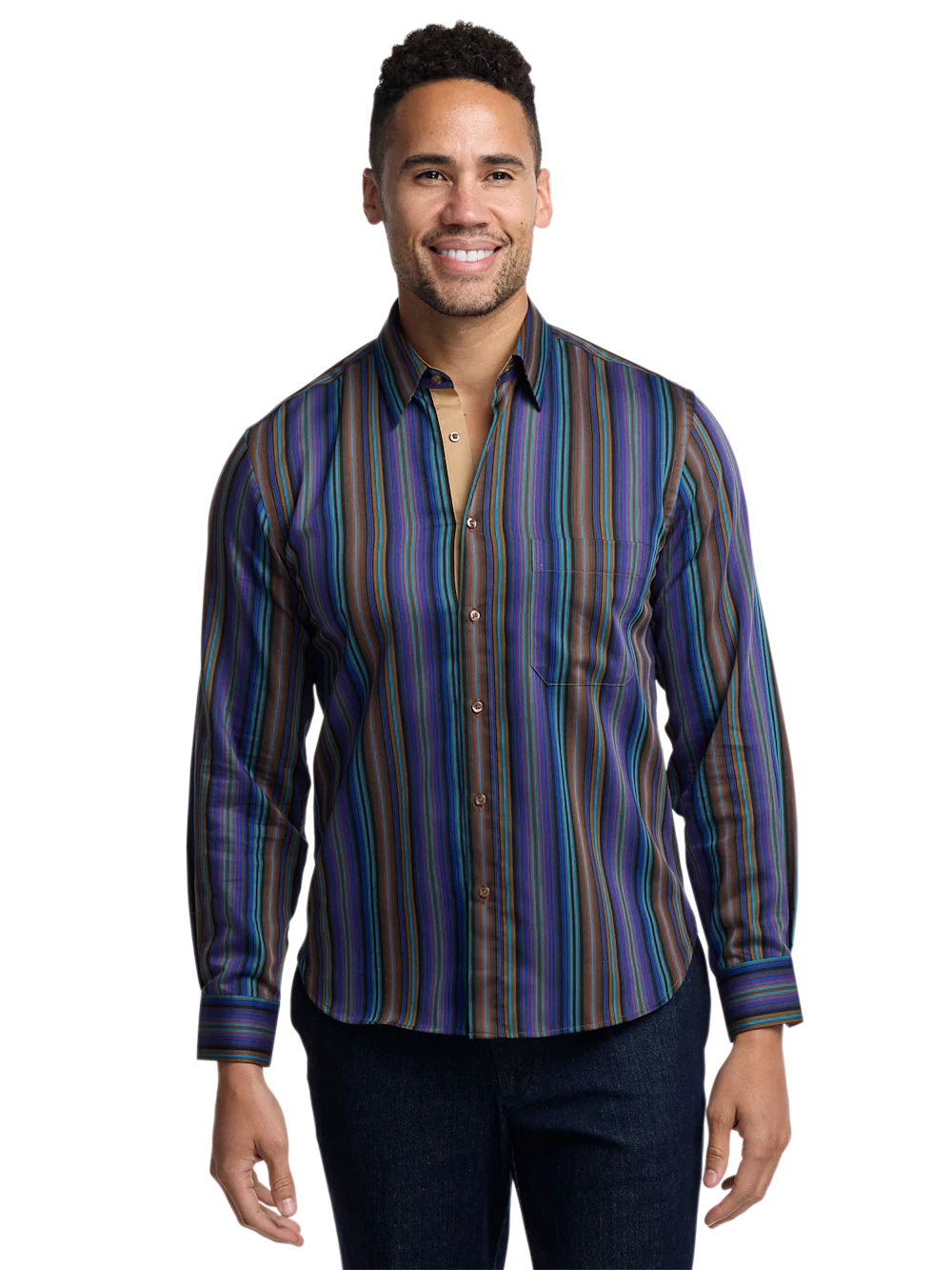 Cotton Stripe Point Collar Casual Shirt - Multi - Image 2