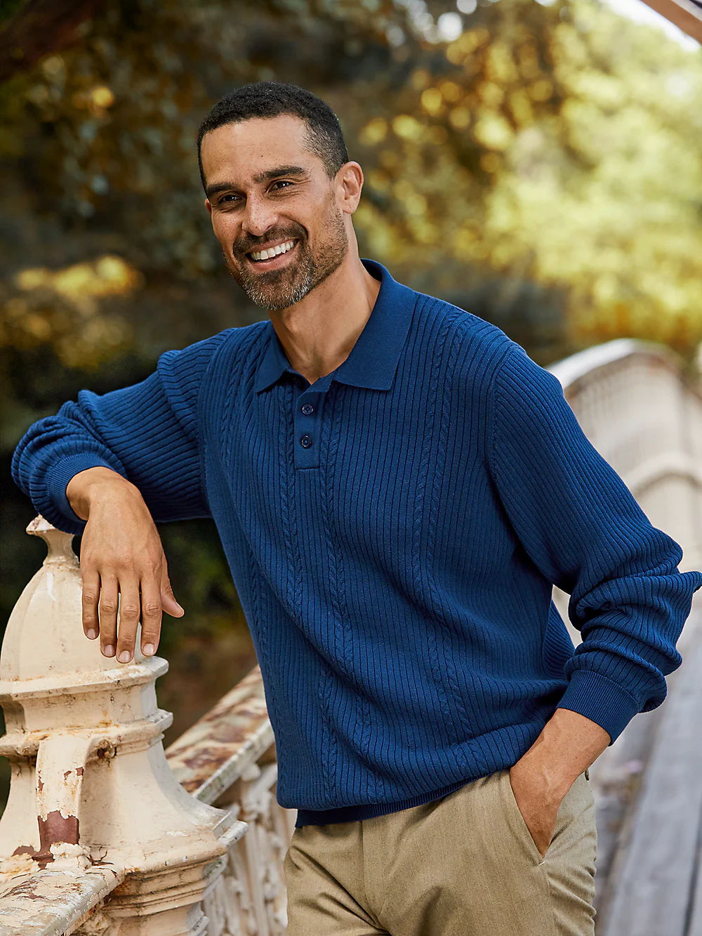 Cotton Three Button Polo - Blue - Image 7
