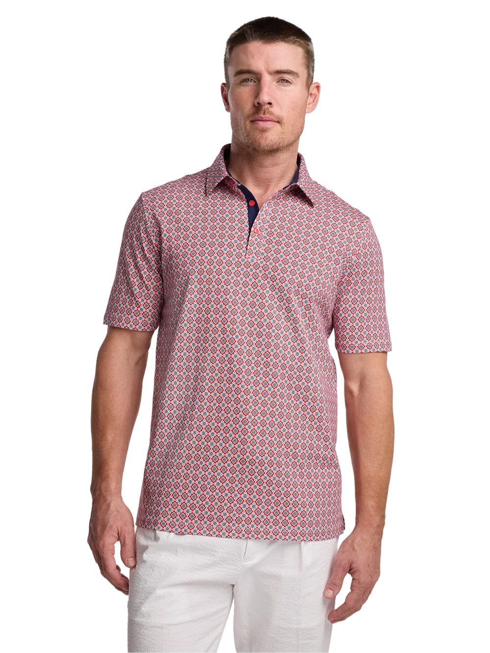 Cotton Three Button Polo - Red Multi - Image 2