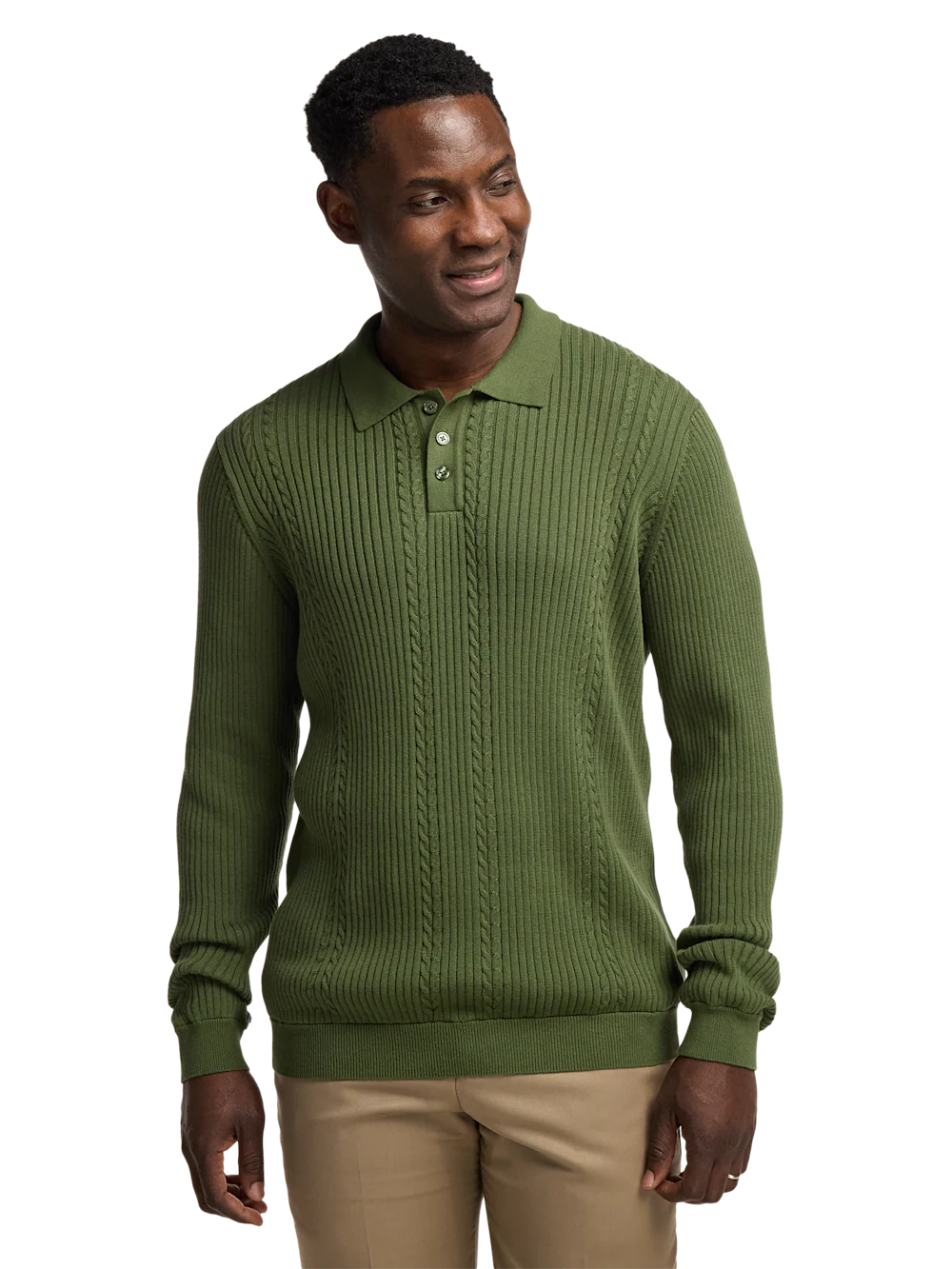 Cotton Three Button Polo - Olive - Image 2