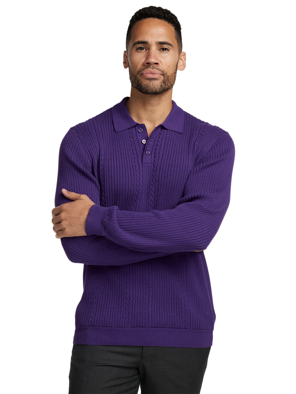 Cotton Three Button Polo - Purple - Image 2
