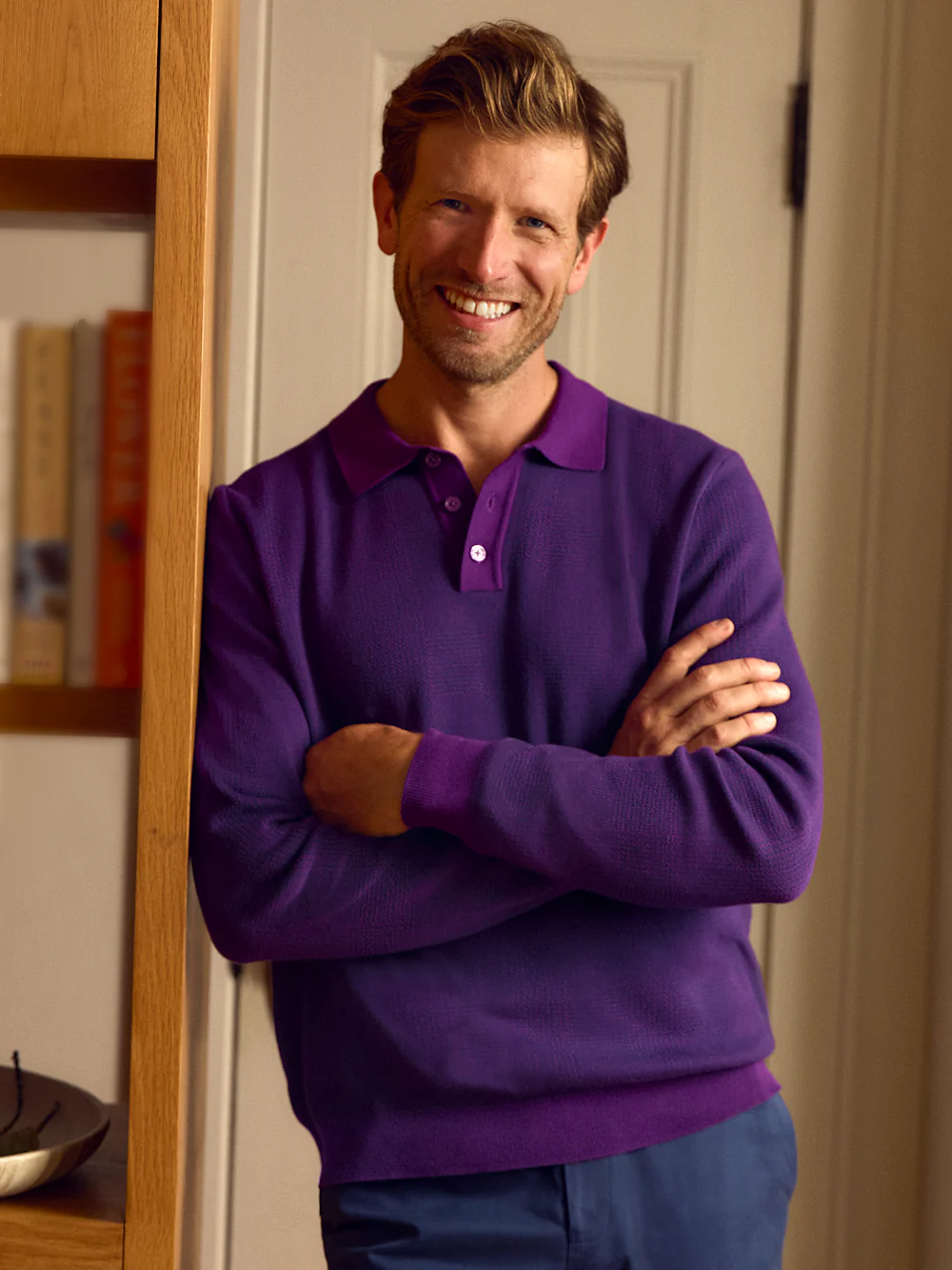 Cotton Three Button Polo - Purple - Image 7