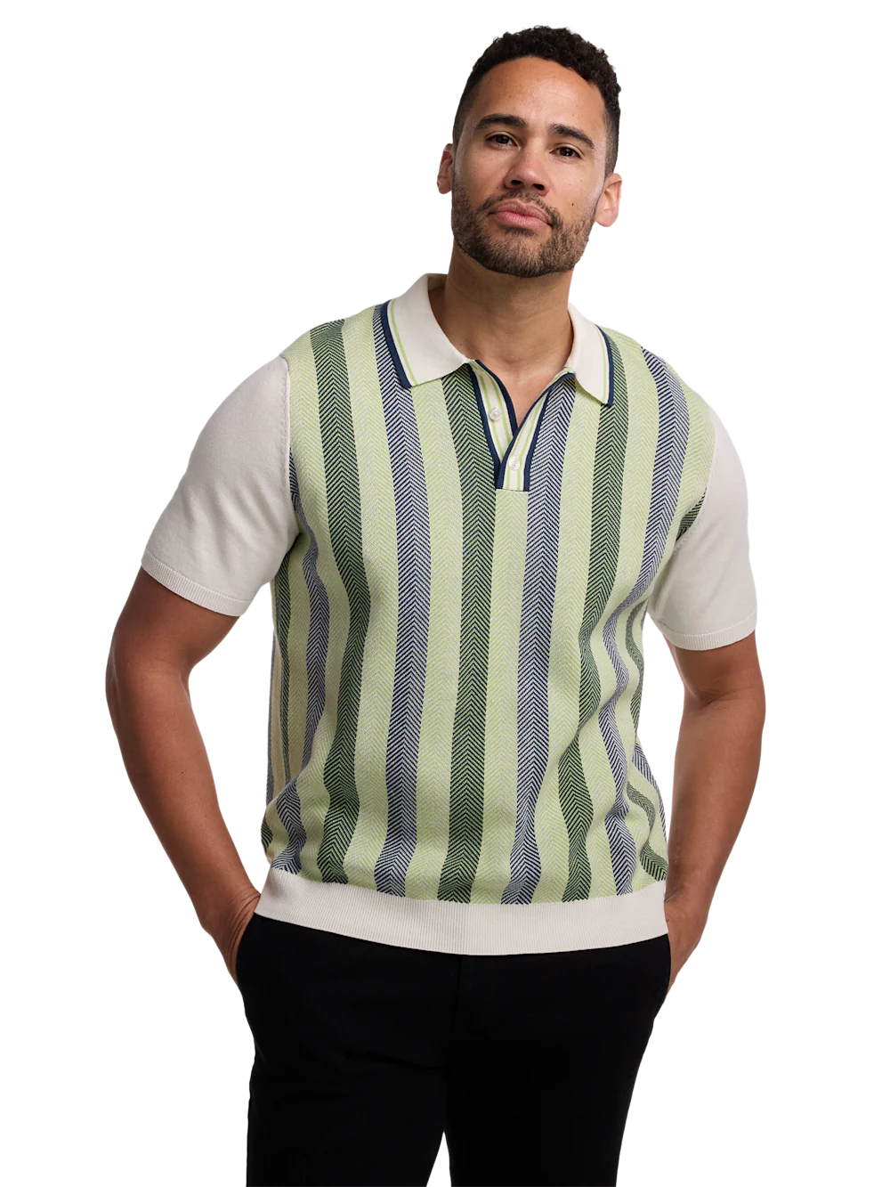 Cotton Three Button Polo - Green Multi - Image 2