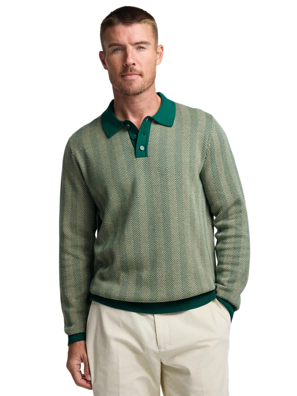 Cotton Three Button Polo - Green - Image 2