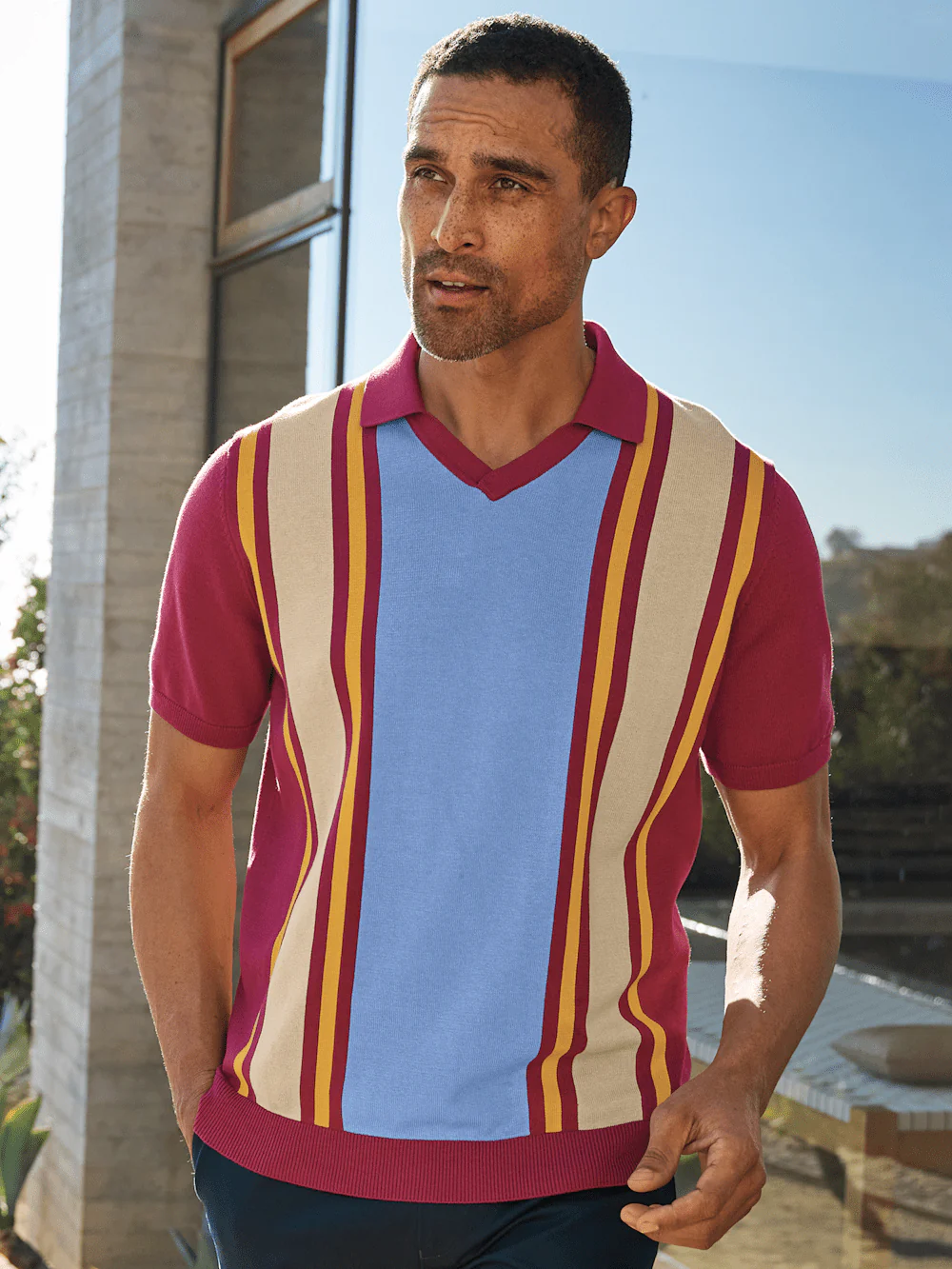 Cotton V-neck Polo - Burgundy - Image 7