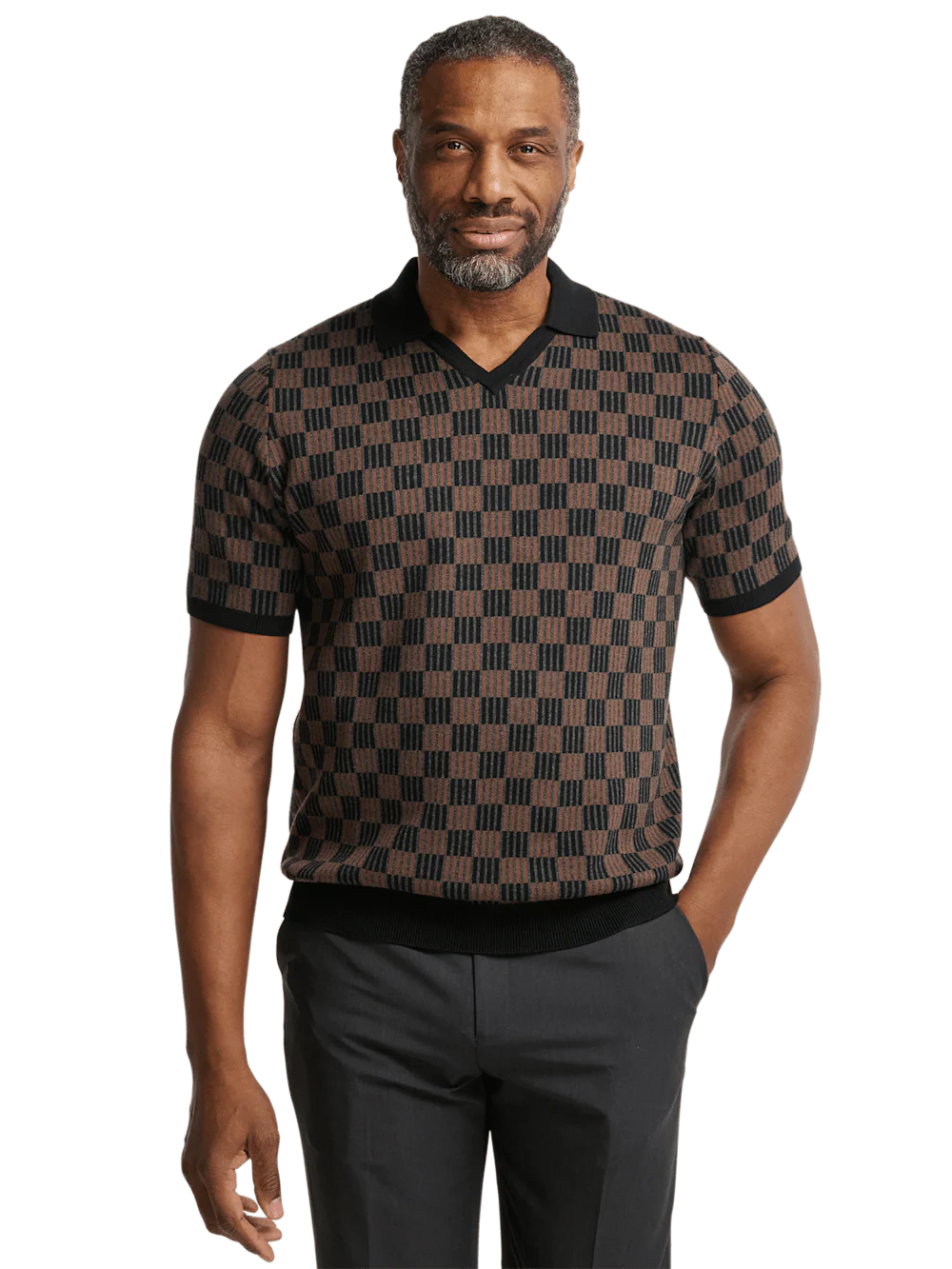 Cotton V-neck Polo - Black/brown - Image 2