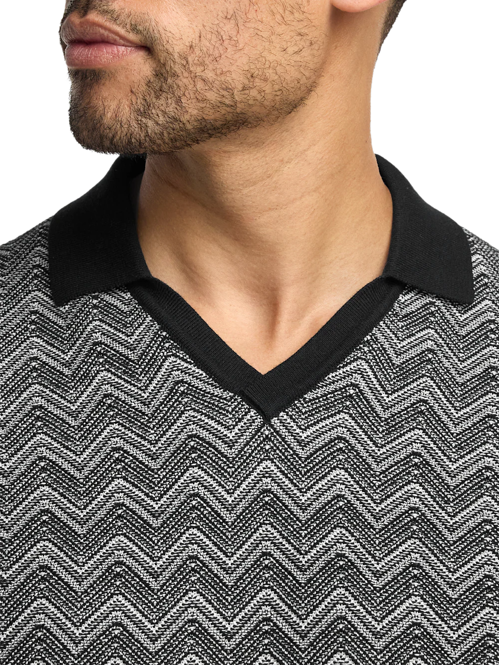 Cotton V-neck Polo - Black - Image 3