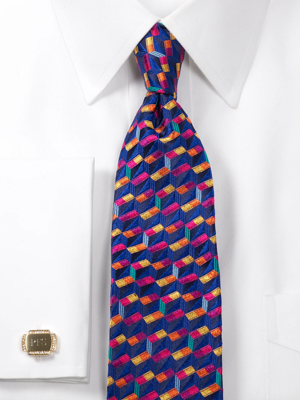 Geometirc Woven Silk Tie - Navy Multi - Image 2