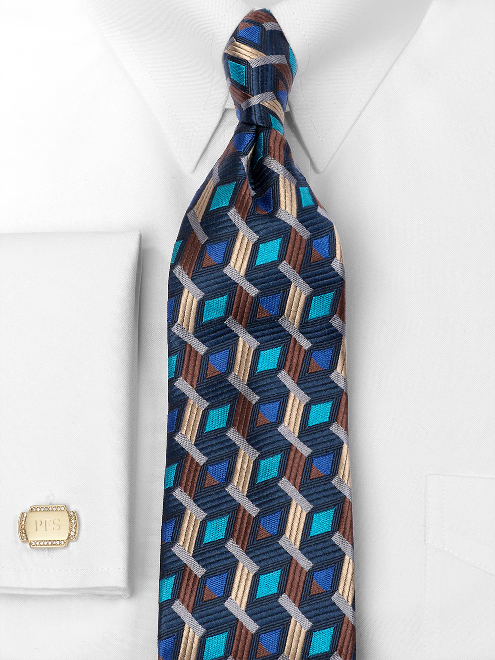 Geometric Woven Silk Tie - Teal/gold - Image 2