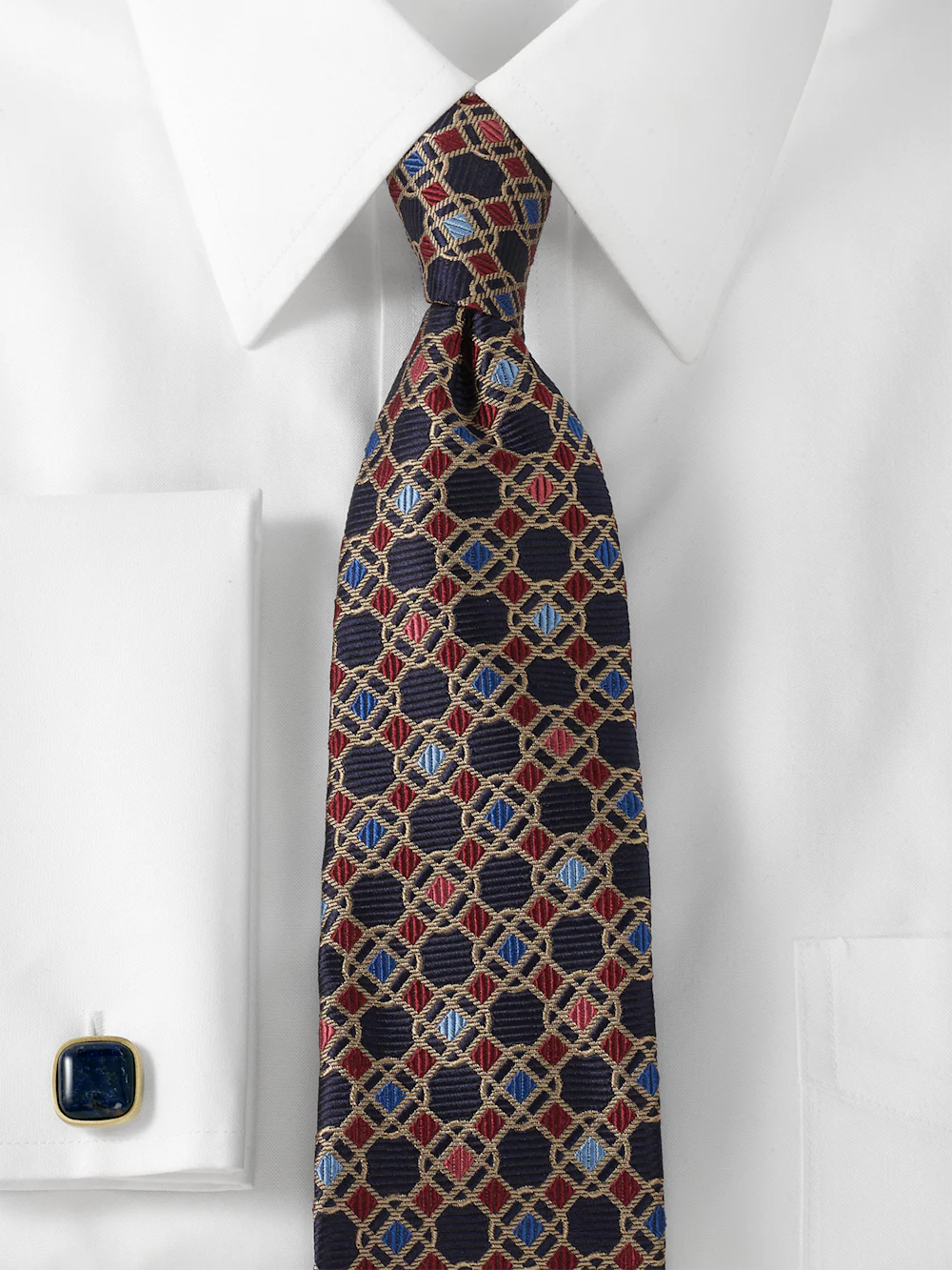 Geometric Woven Silk Tie - Navy Multi - Image 2