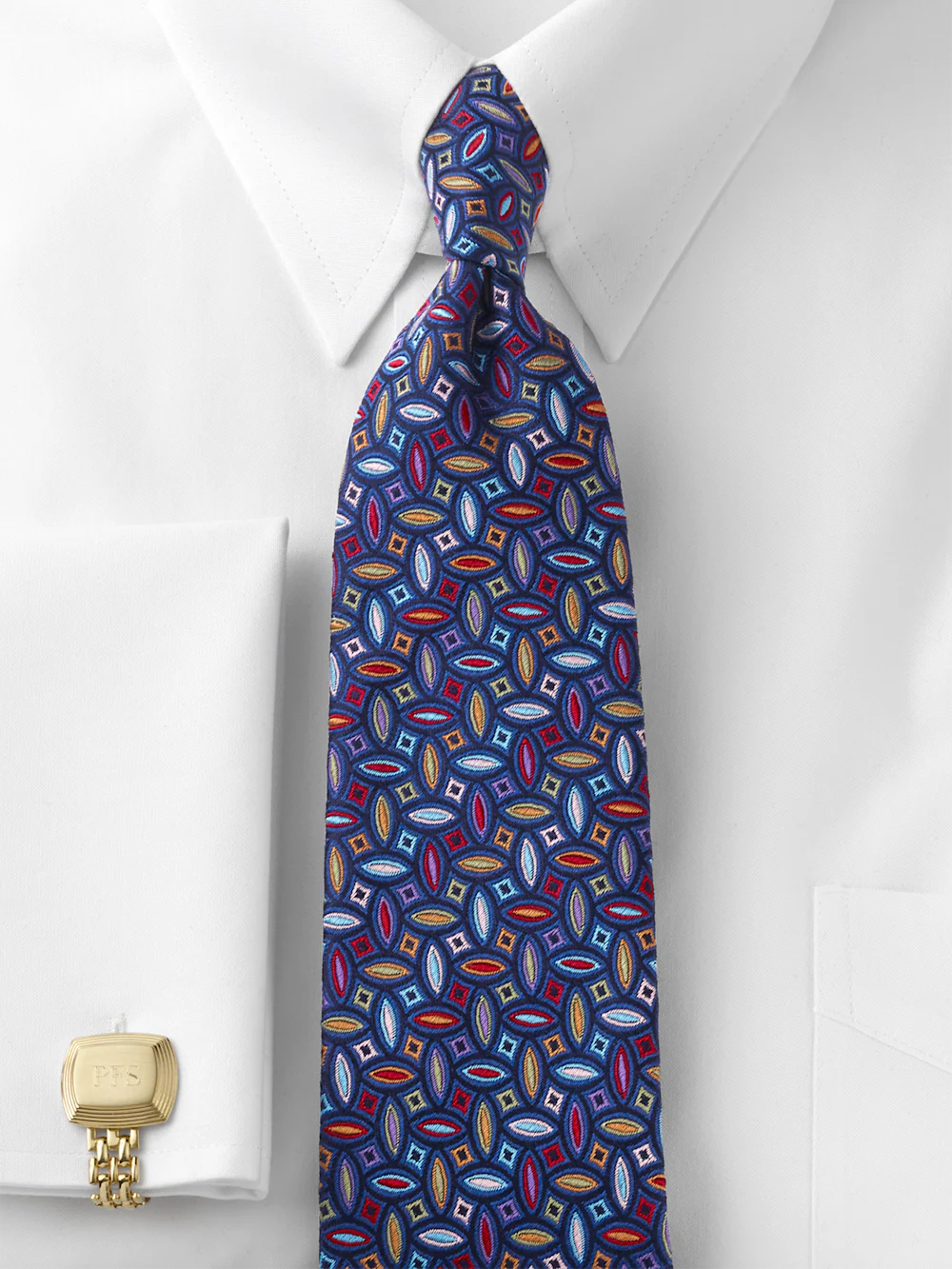 Geometric Woven Silk Tie - Navy Multi - Image 2