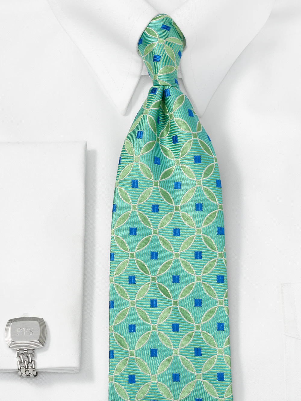 Geometric Woven Silk Tie - Green/blue - Image 2