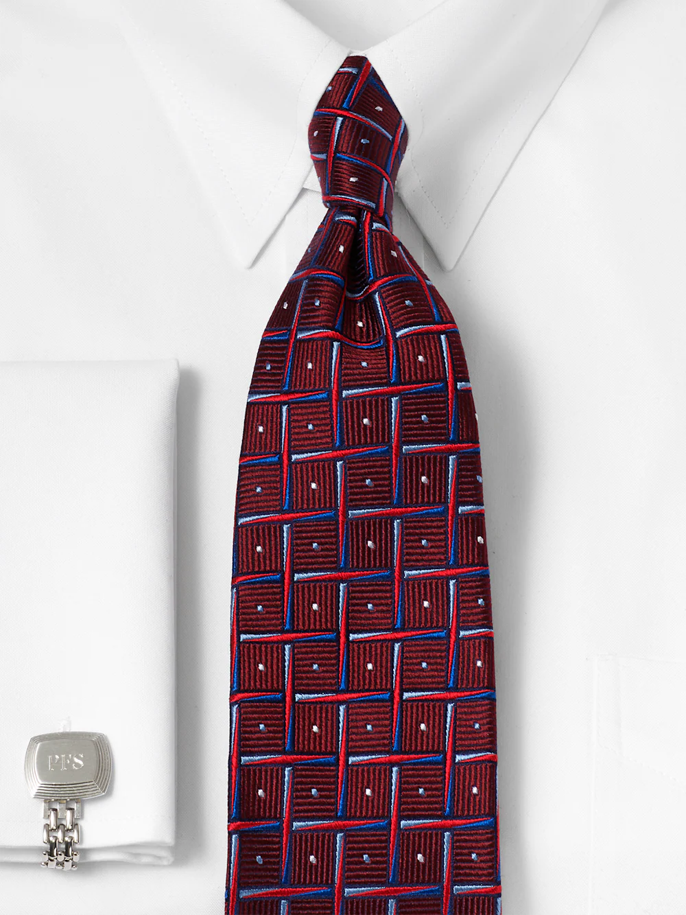 Geometric Woven Silk Tie - Red/blue - Image 2