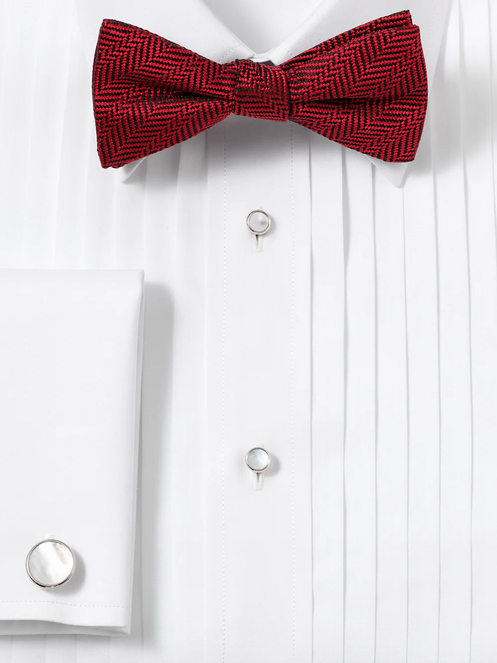 Herringbone Woven Silk Pre-tied Bow Tie - Red - Image 2