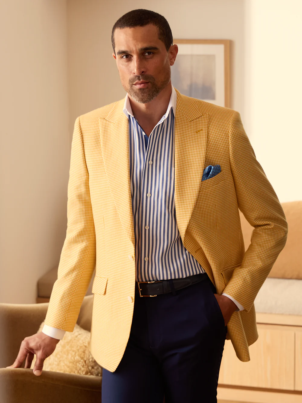 Houndstooth Wool Single Breasted Peak Lapel Sport Coat - Yellow - Image 9
