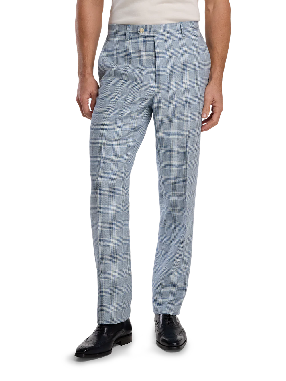 Italian Cotton Blend Single Breasted Notch Lapel Suit Pant - Tan/blue Plaid - Image 2