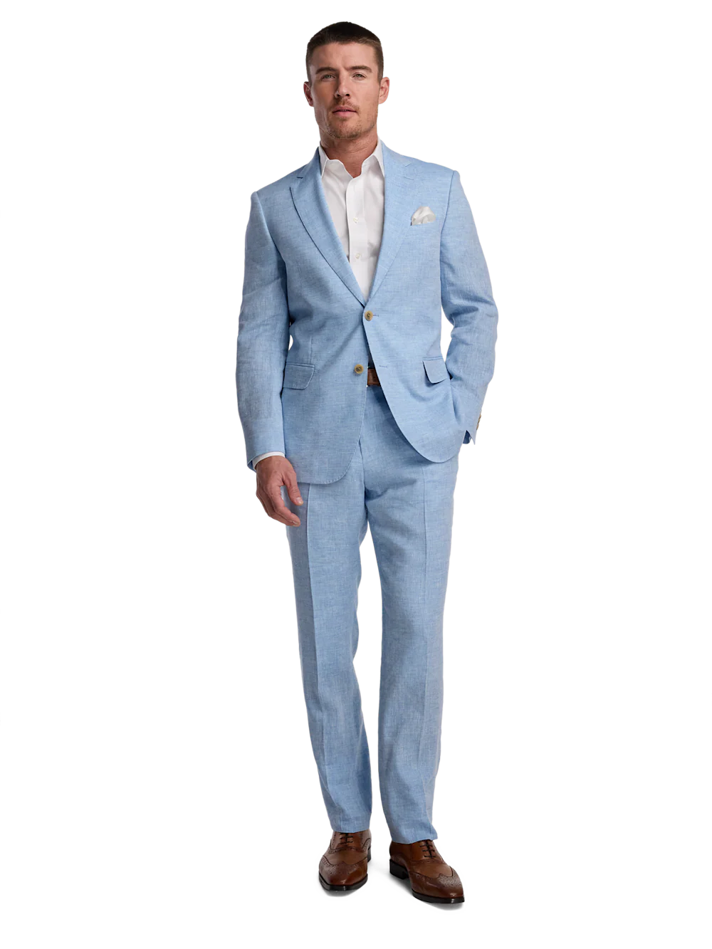 Italian Linen Blend Single Breasted Notch Lapel Suit - Light Blue - Image 2