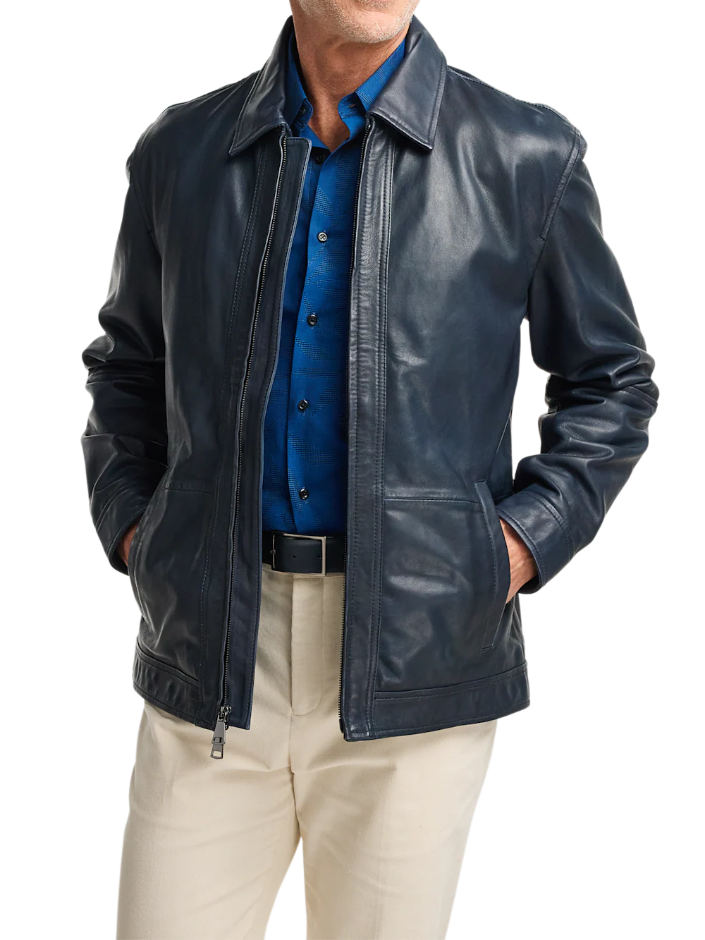 Leather Bomber Jacket - Navy - Image 2