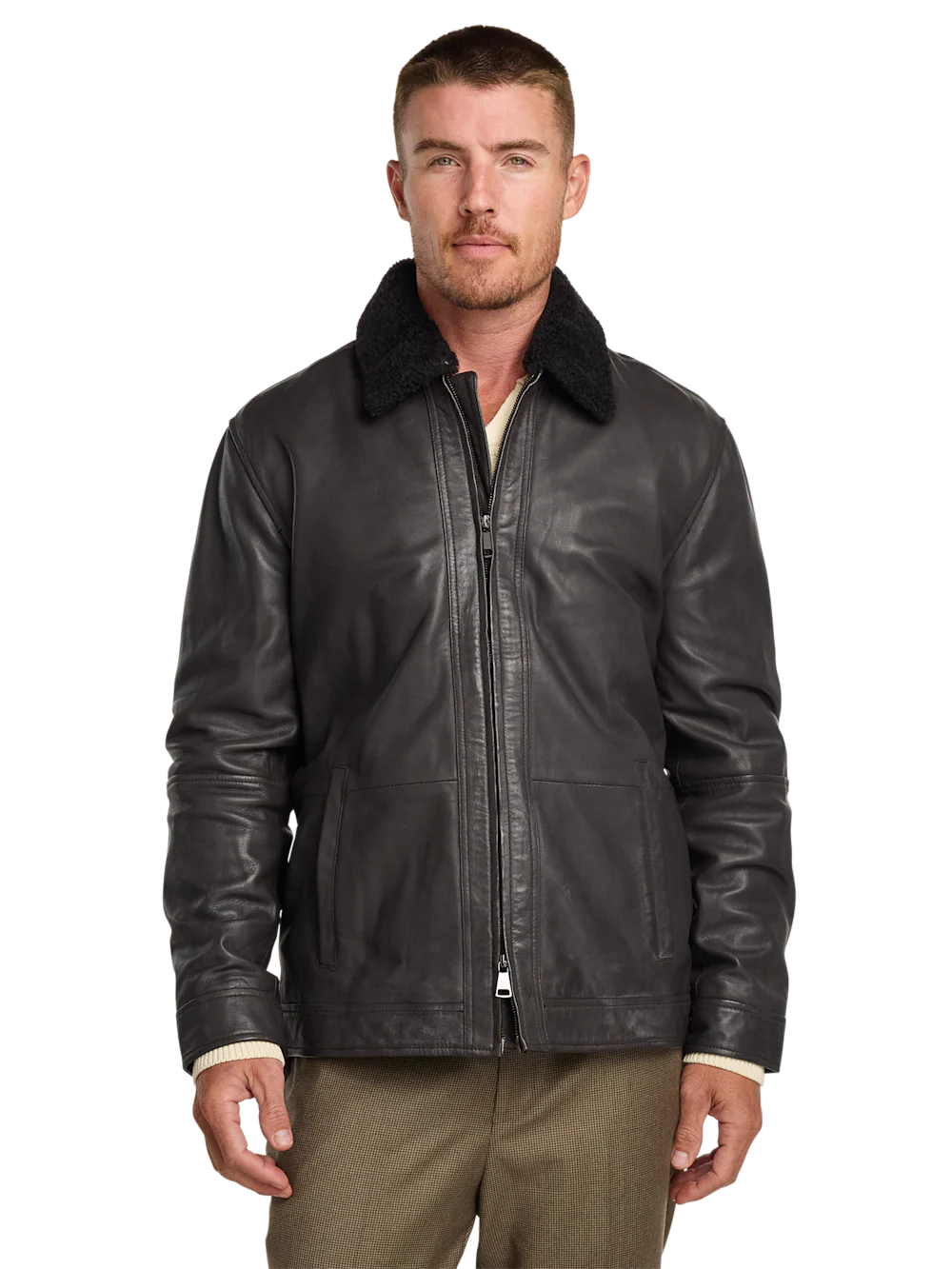 Leather Bomber Shearling Jacket - Brown - Image 2