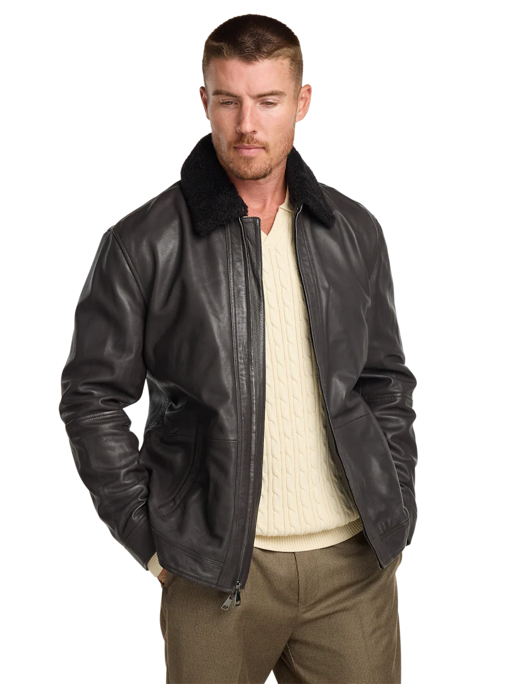 Leather Bomber Shearling Jacket - Brown - Image 3