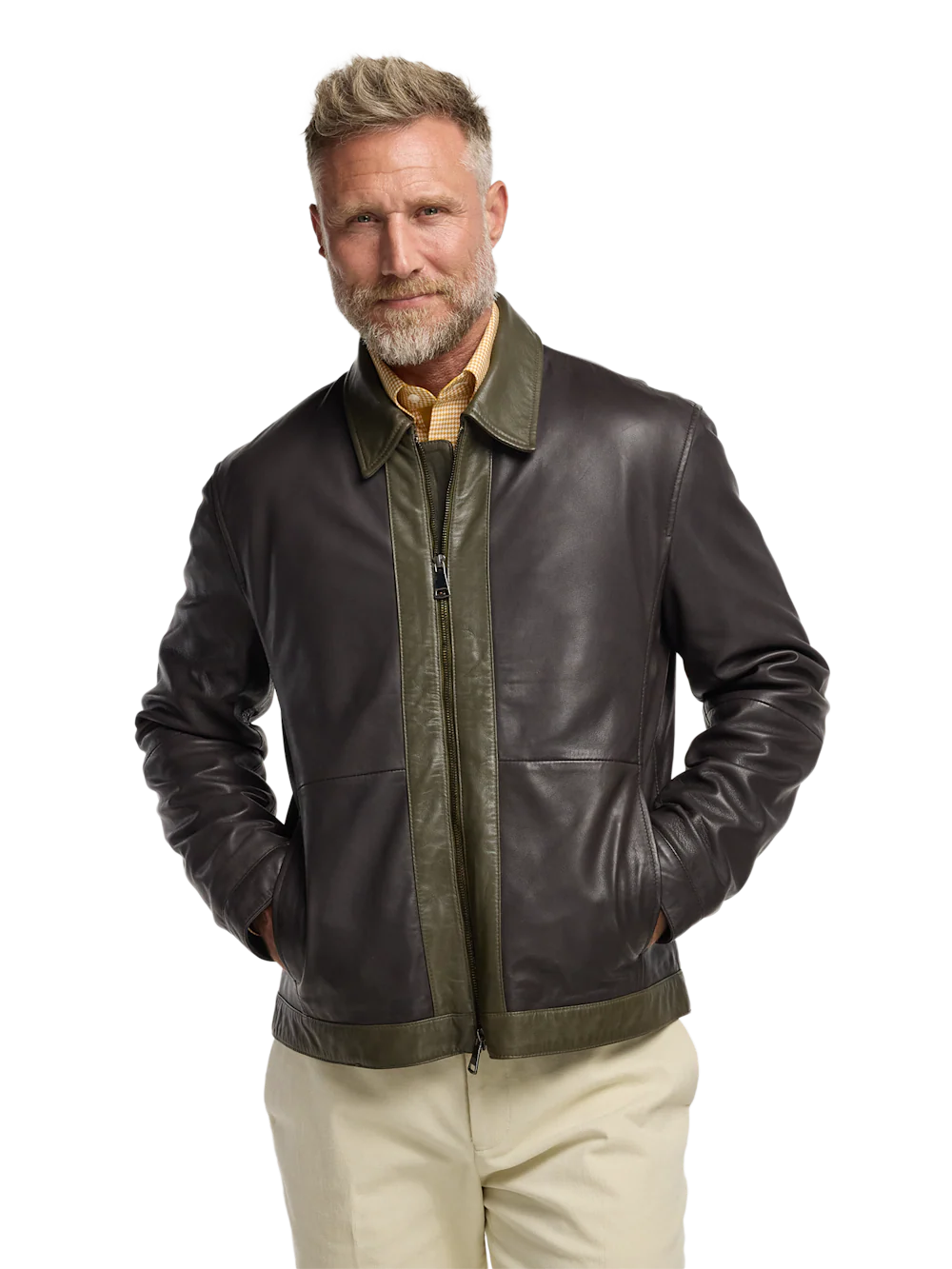 Leather Color Block Jacket - Dark Brown/olive - Image 2