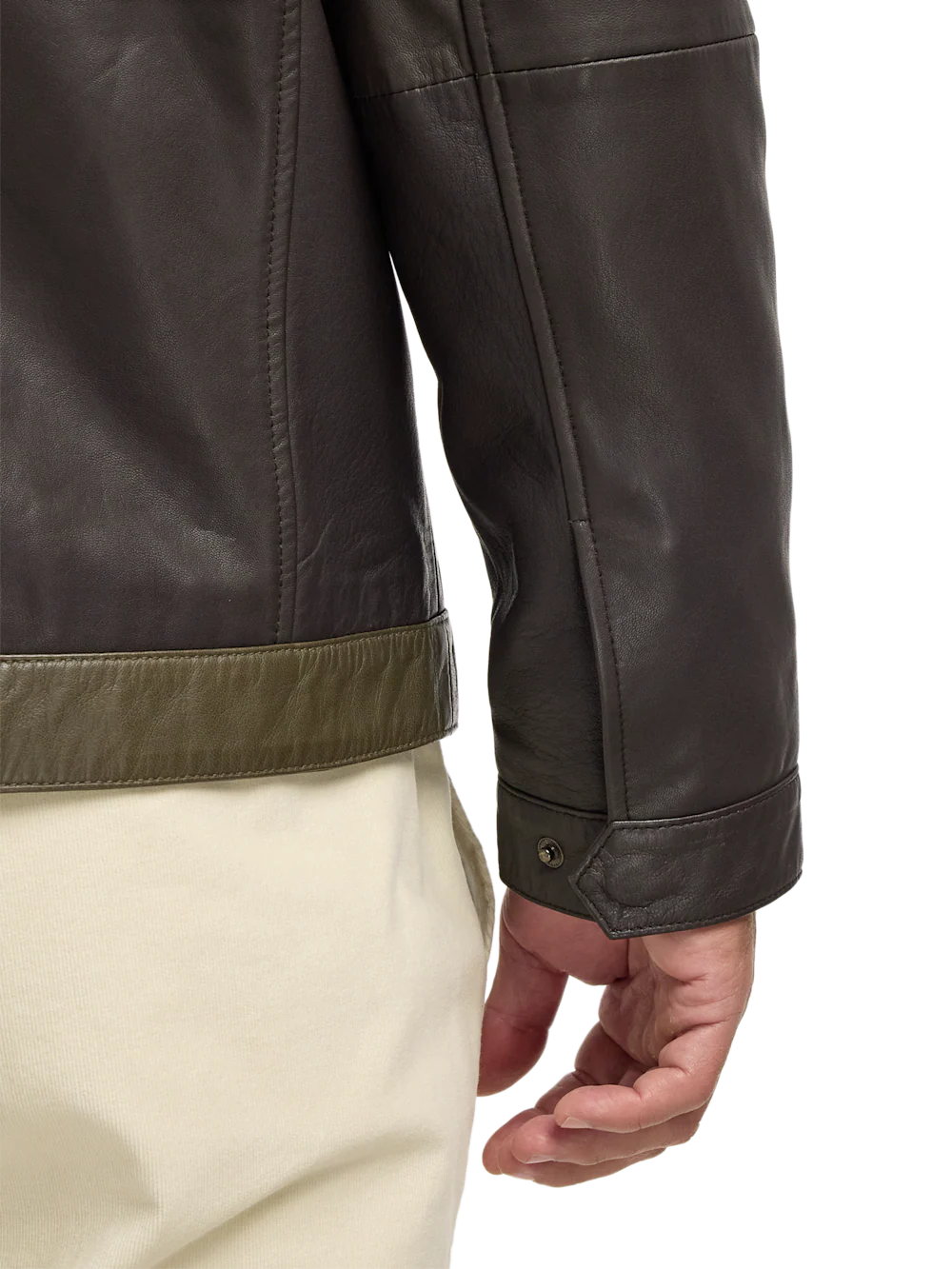Leather Color Block Jacket - Dark Brown/olive - Image 3