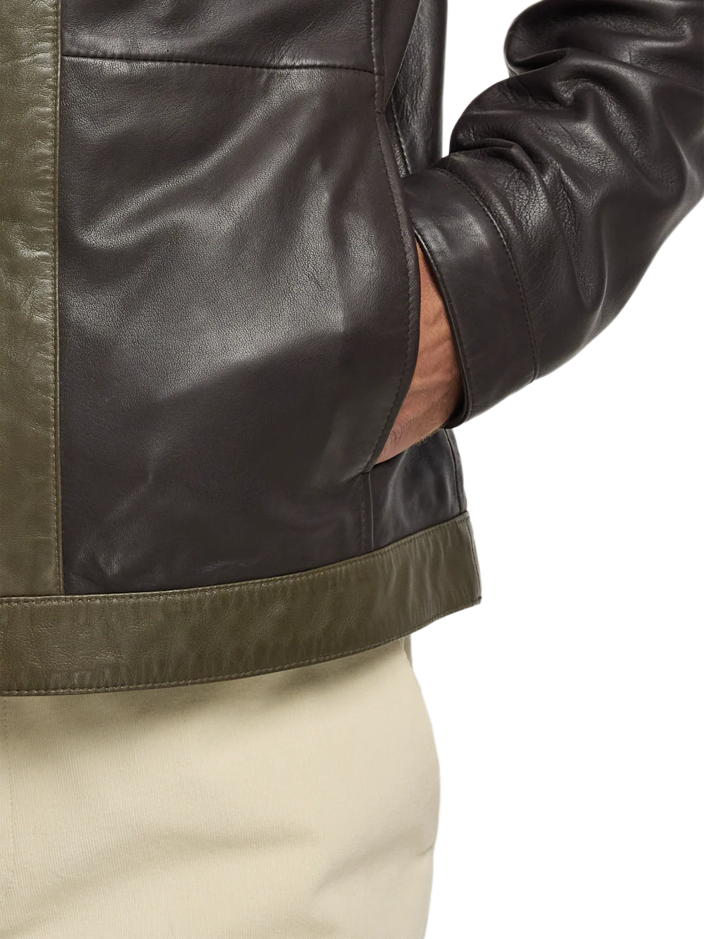 Leather Color Block Jacket - Dark Brown/olive - Image 6