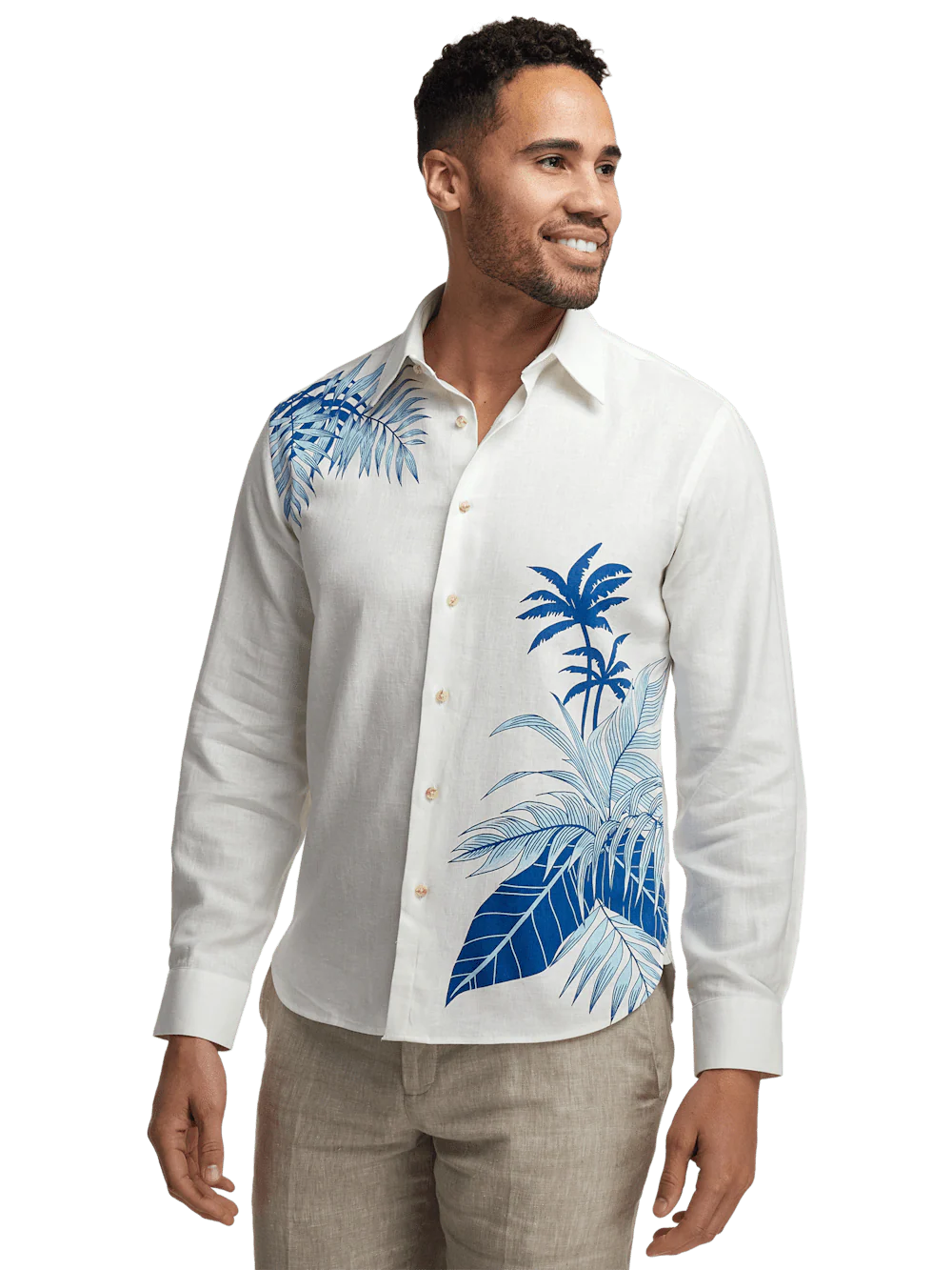 Linen Blend Botanical Print Casual Shirt - White - Image 2
