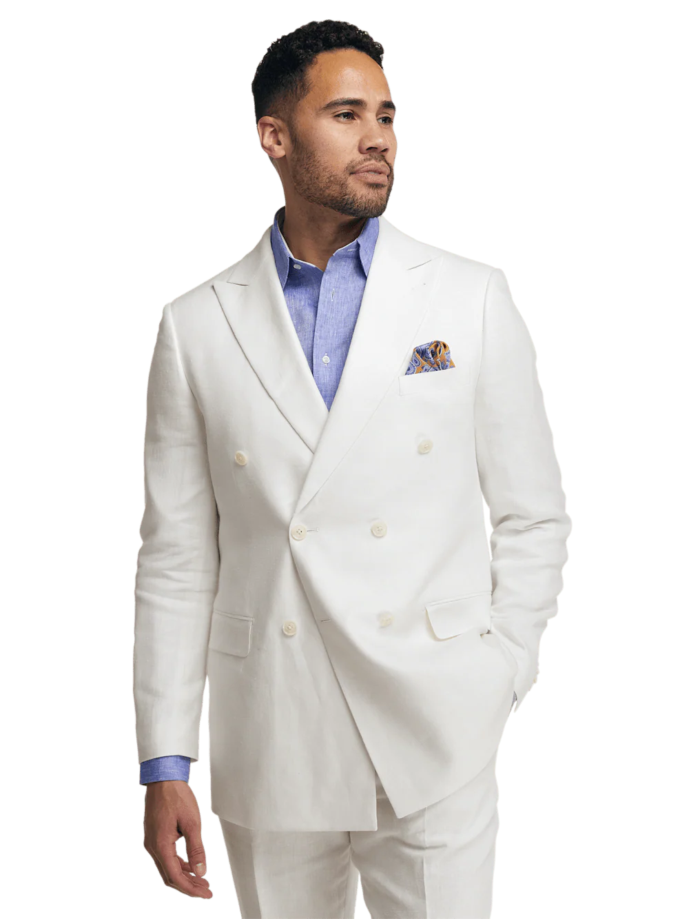 Linen Blend Double Breasted Peak Lapel Suit Jacket - White - Image 2